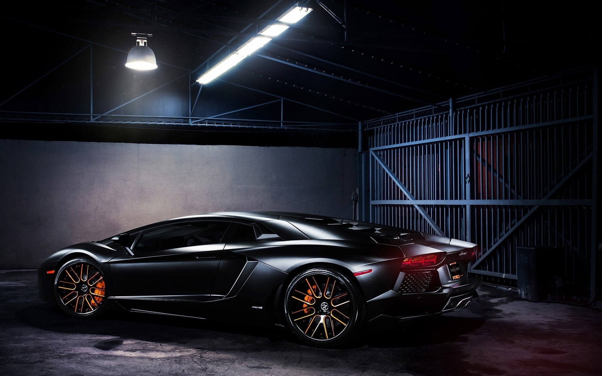 stationary, parking, car, lamp, architecture, vehicle, supercar, black cars, motor vehicle, 1080P, illuminated, indoors, Lamborghini Aventador, street, HD Wallpaper