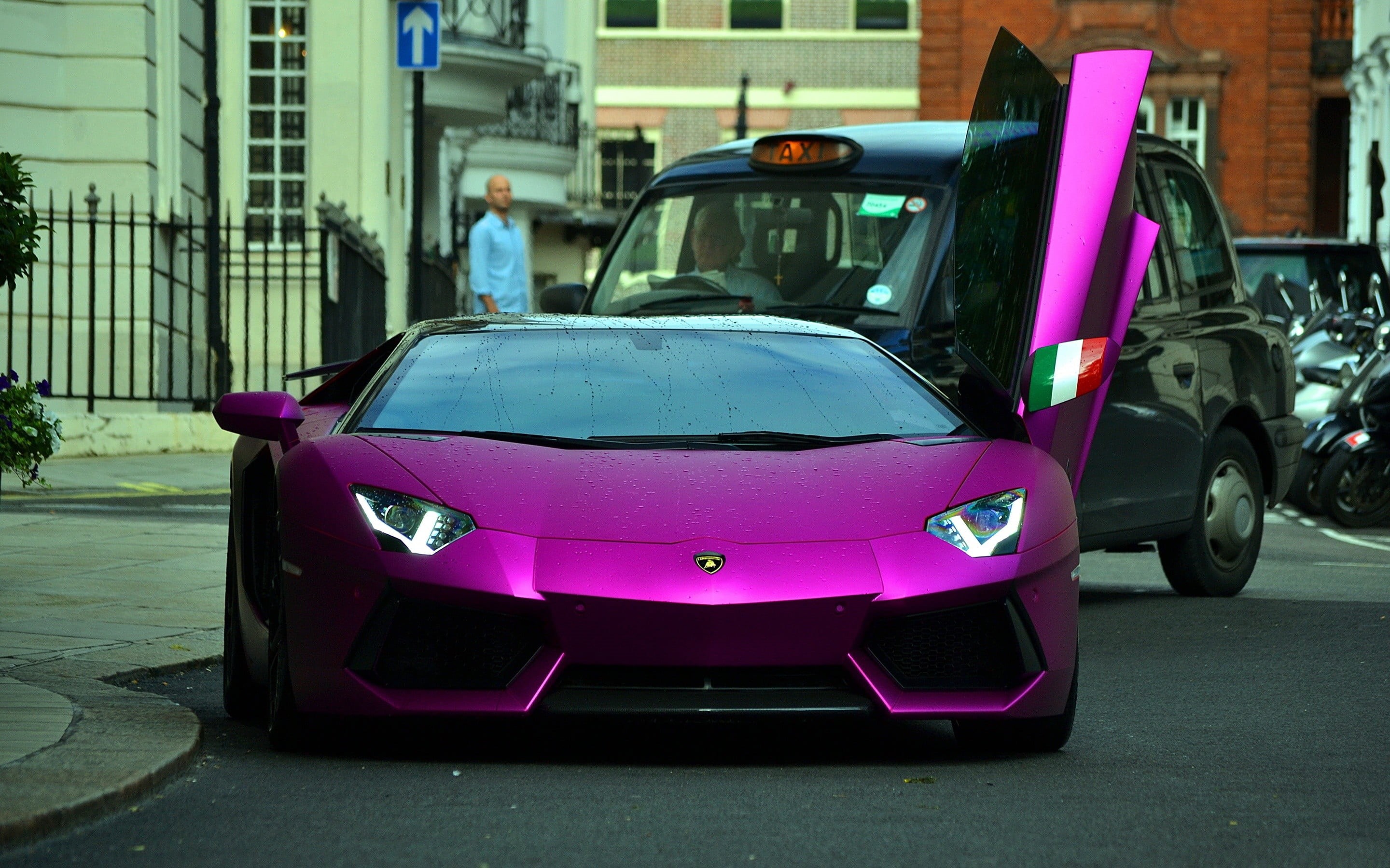 supercars, door, stationary, 2K, purple, no people, parking, land vehicle, day, building exterior, opened, Lamborghini, city, built structure, outdoors, HD Wallpaper