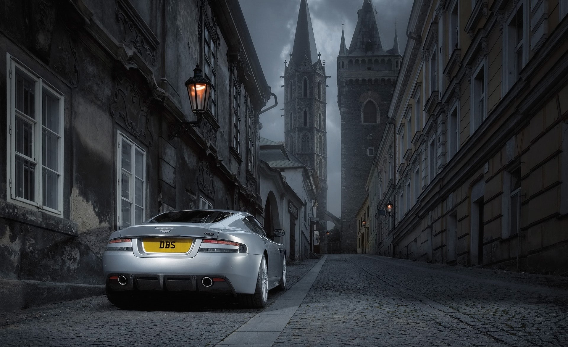 city life, built structure, coupe, alley, street, 1080P, building exterior, architecture, aston, transportation, aston martin dbs, Aston Martin, city, HD Wallpaper