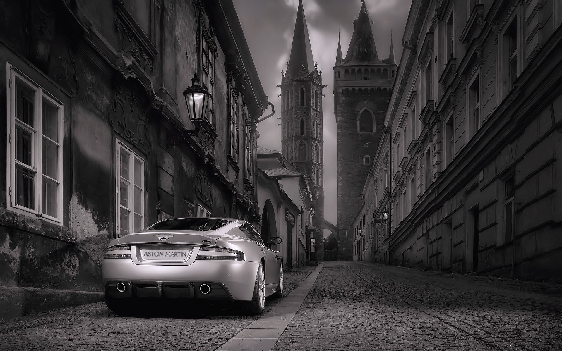 Aston Martin DB5, travel, no people, Aston Martin, stationary, 1080P, travel destinations, land vehicle, monochrome, motor vehicle, built structure, Aston Martin DBS, HD Wallpaper