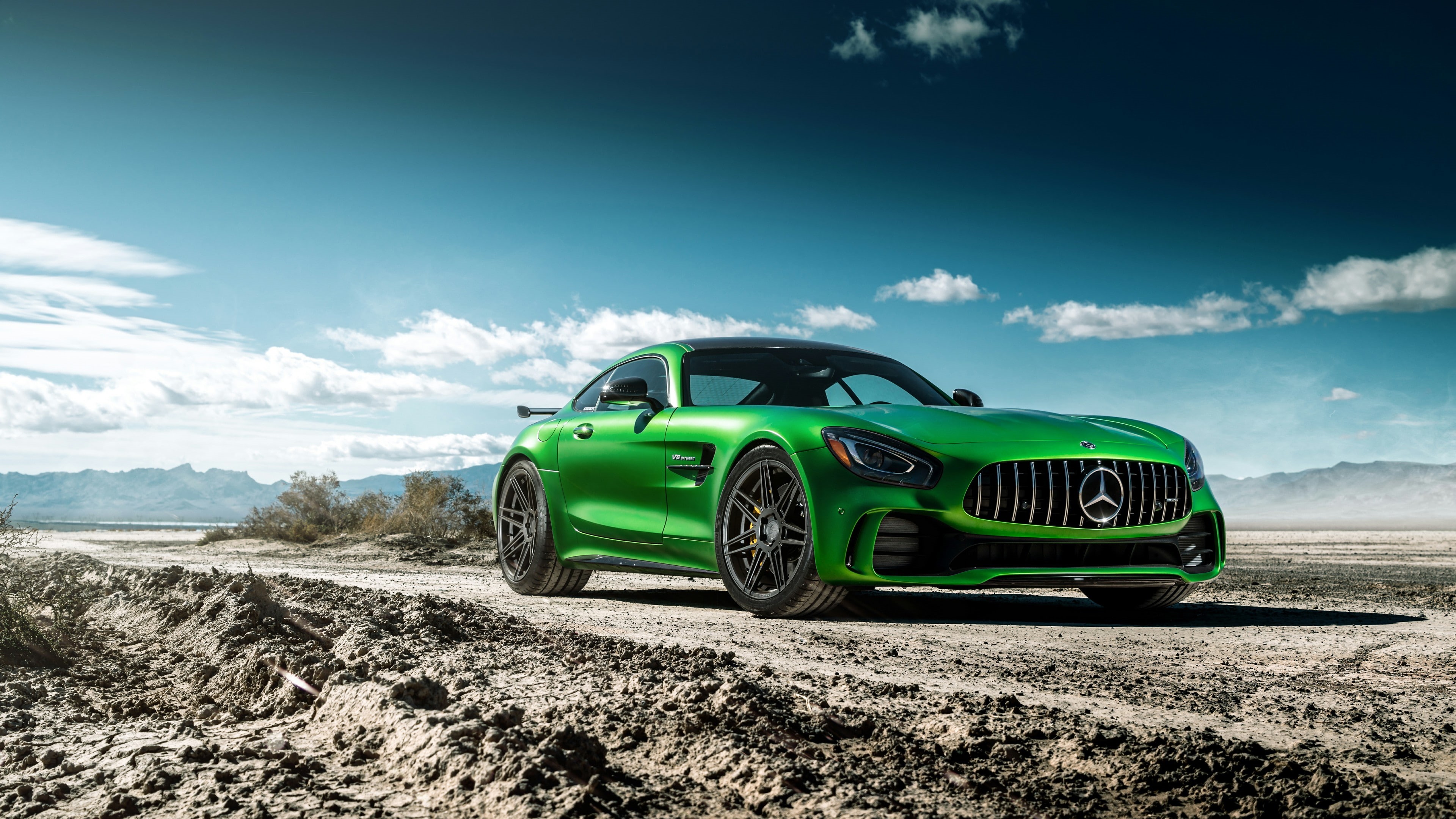 green car, mercedes, sports car, biturbo, 2018, dirt road, v8, sky, luxury vehicle, vehicle, v8 biturbo, mercedes amg, 4K, coupe, car, mercedes amg gtr, HD Wallpaper