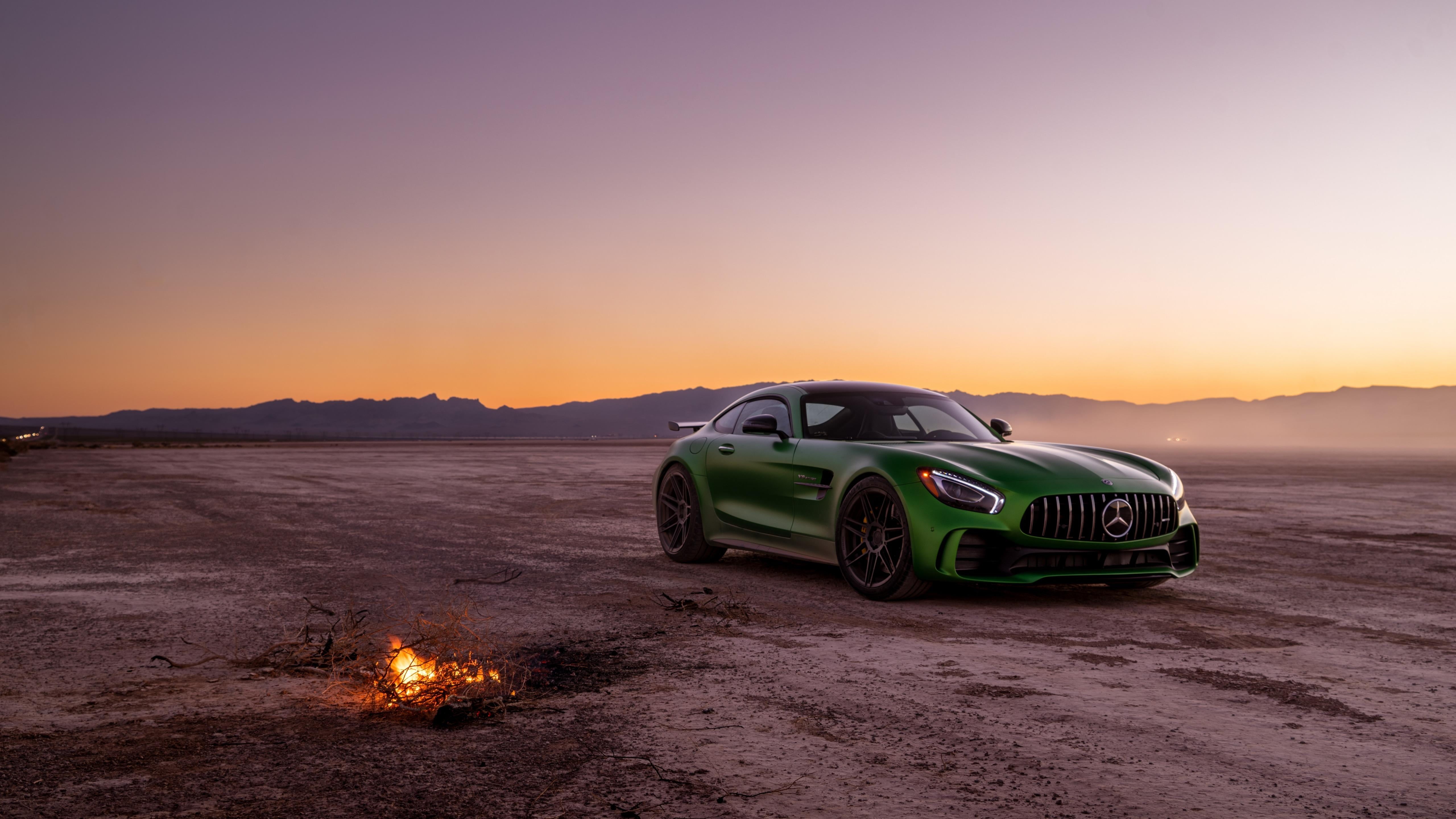 trip, supercar, green car, luxury vehicle, mercedes amg gtr, sky, transportation, 5K, sports car, journey, nature, sunset, travel, mode of transportation, HD Wallpaper