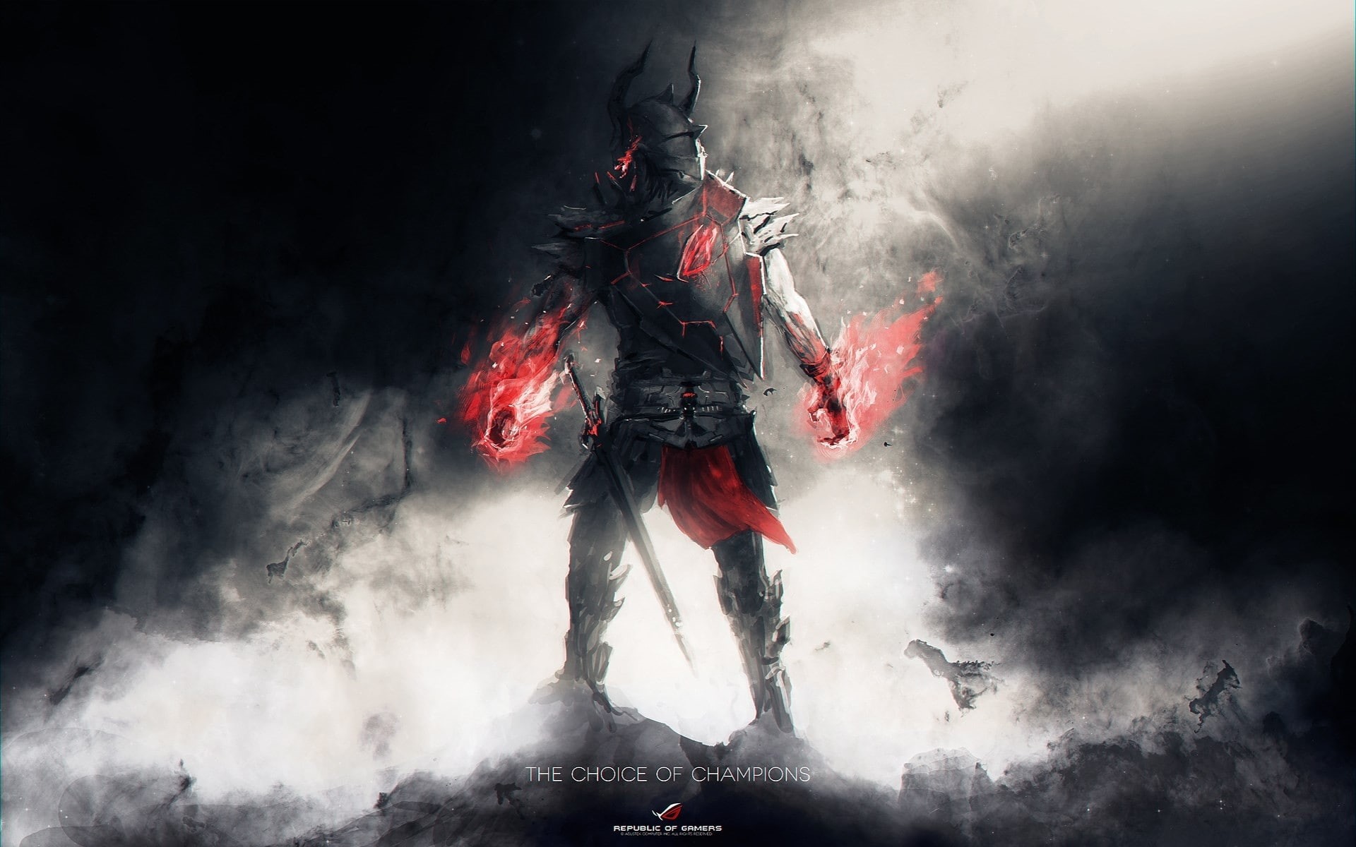 swords, artistic, warriors, shield, art, 1080P, republic, gamers, fantasy, technology, horns, knights, smoke, hd, asus, HD Wallpaper