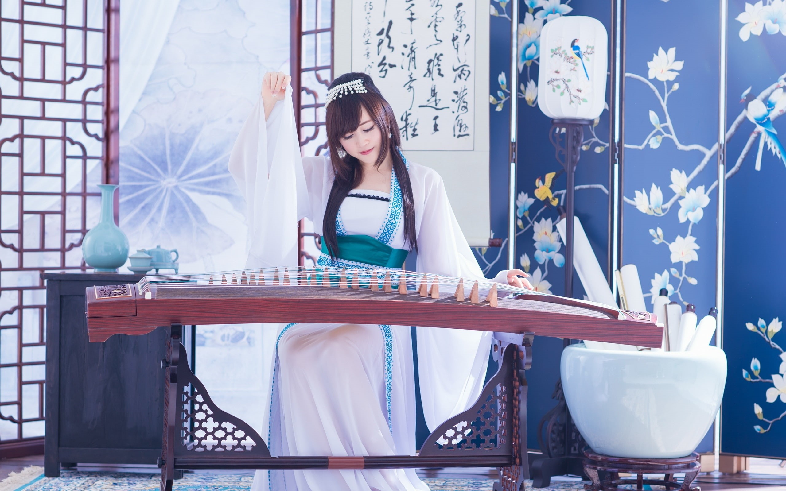 Zither, Chinese, Retro, Girl, 2K, HD Wallpaper