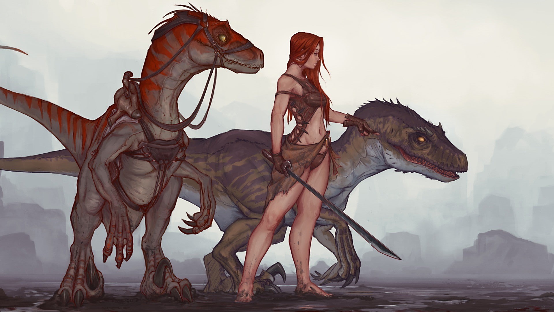 women, velociraptors, Ark: Survival Evolved, dinosaurs, 1080P, raptor, HD Wallpaper