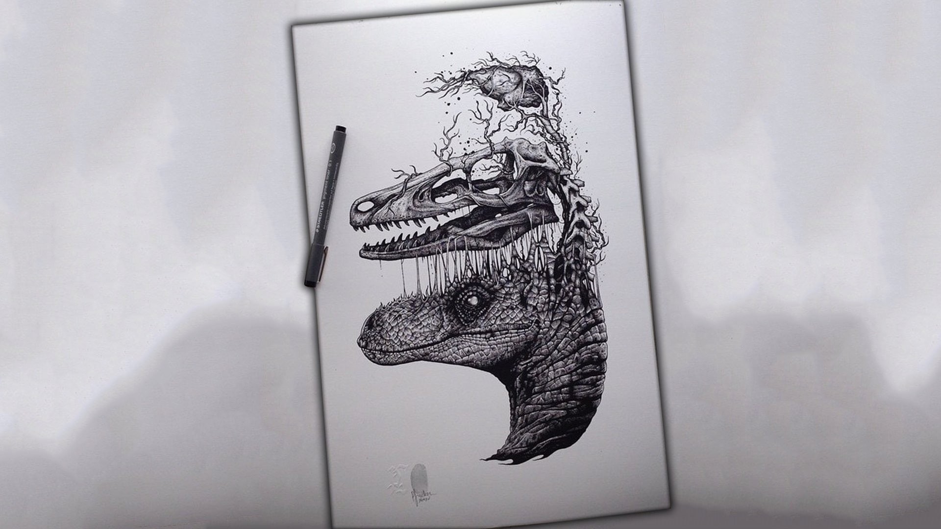 abstract, pens, velociraptors, brain, 1080P, skull, teeth, monochrome, HD Wallpaper