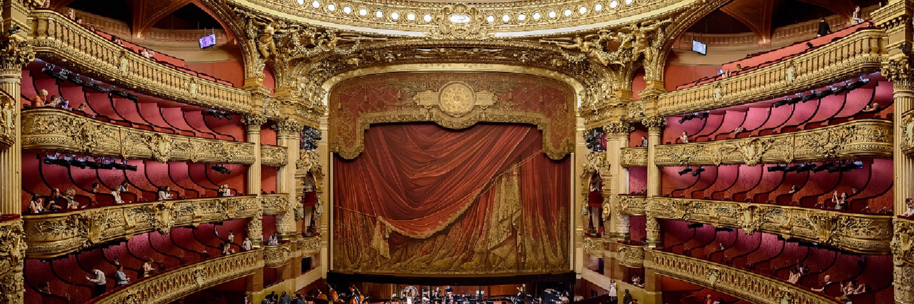 indoors, decoration, ornate, no people, red, shiny, orchestra, built structure, europe, building, auditorium, panorama, palais garnier, architecture, arts culture and entertainment, HD Wallpaper