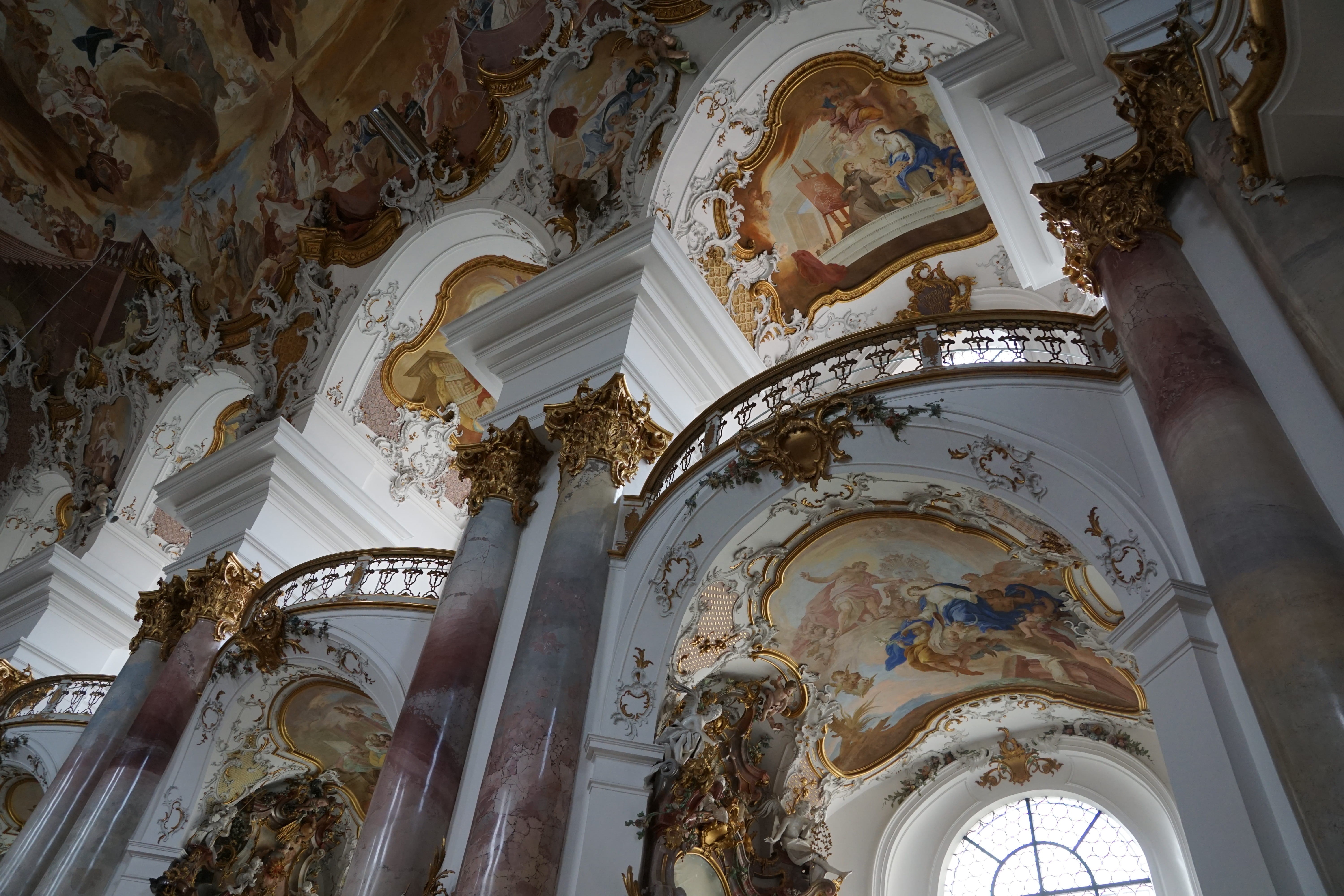 luck, low angle view, place of worship, spirituality, painting, ornate, relaxation, built structure, 5K, zwiefalten, building, red, faith, yellow, indoors, HD Wallpaper