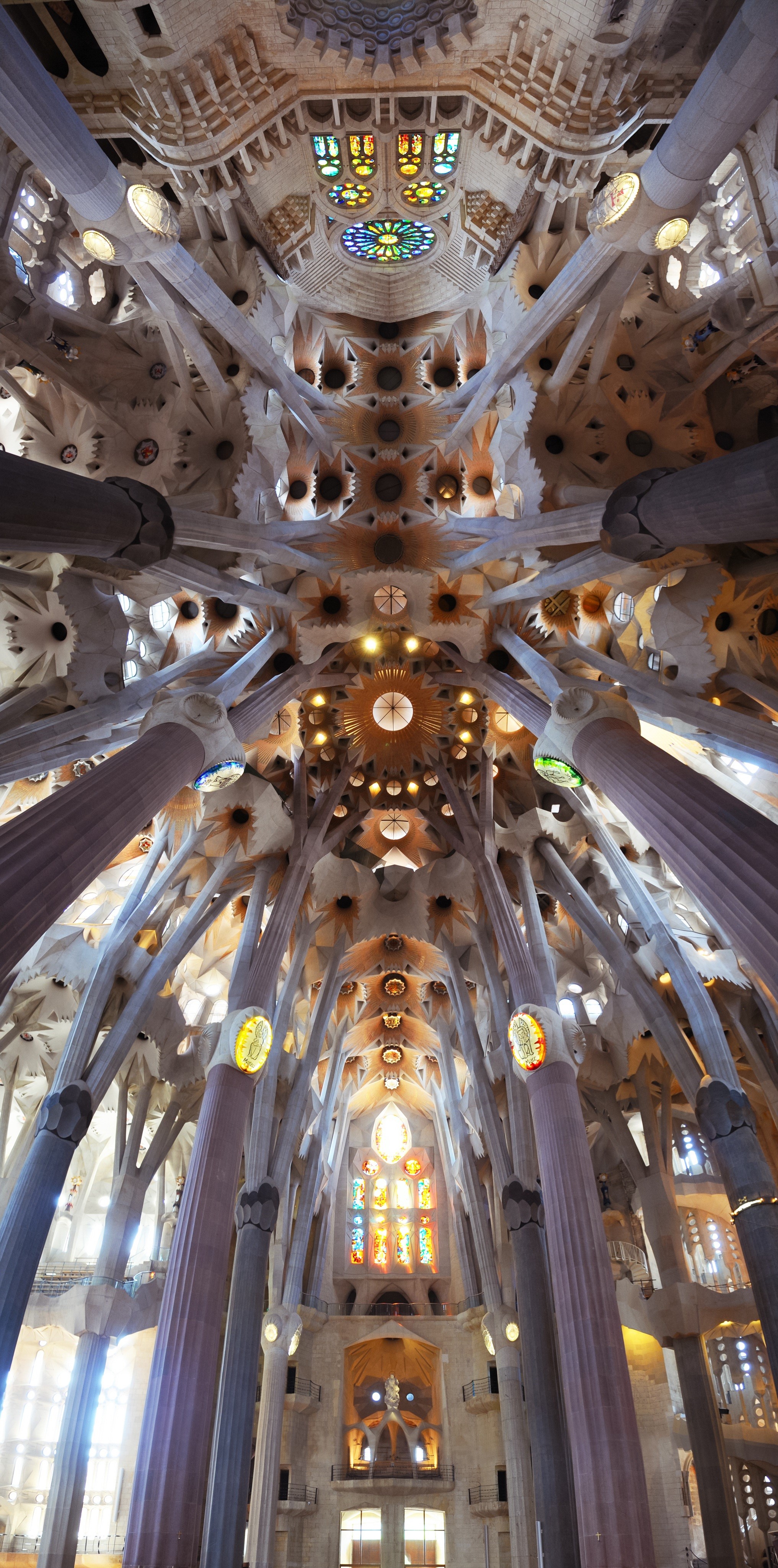 religion, ceiling, built structure, indoors, barcelona, light, cathedral, angle, no people, low, famous, columns, architectural column, concrete, architectural feature, Phone HD Wallpaper