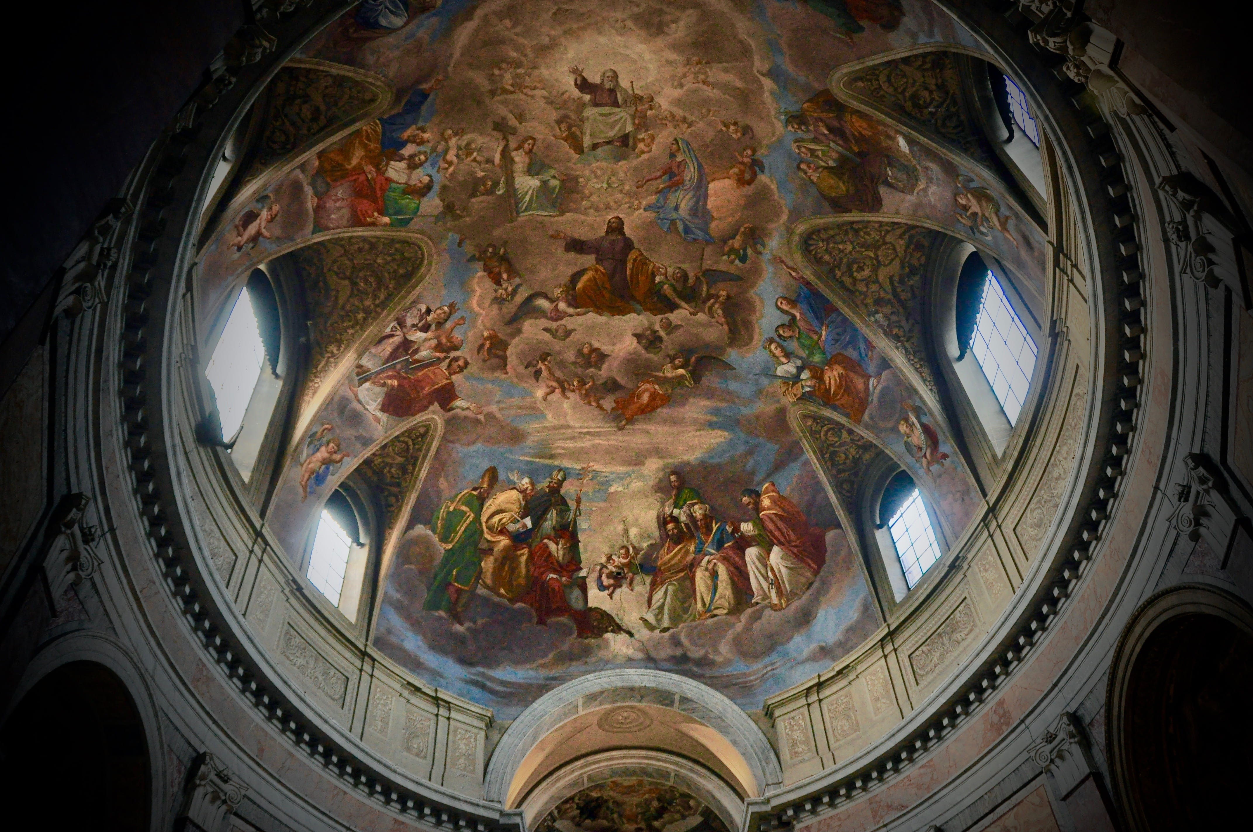 dome, architecture, windows, painting, fresco, belief, interior, low angle view, art, jesus, catholic, biography, arches, representation, mural, christ, HD Wallpaper
