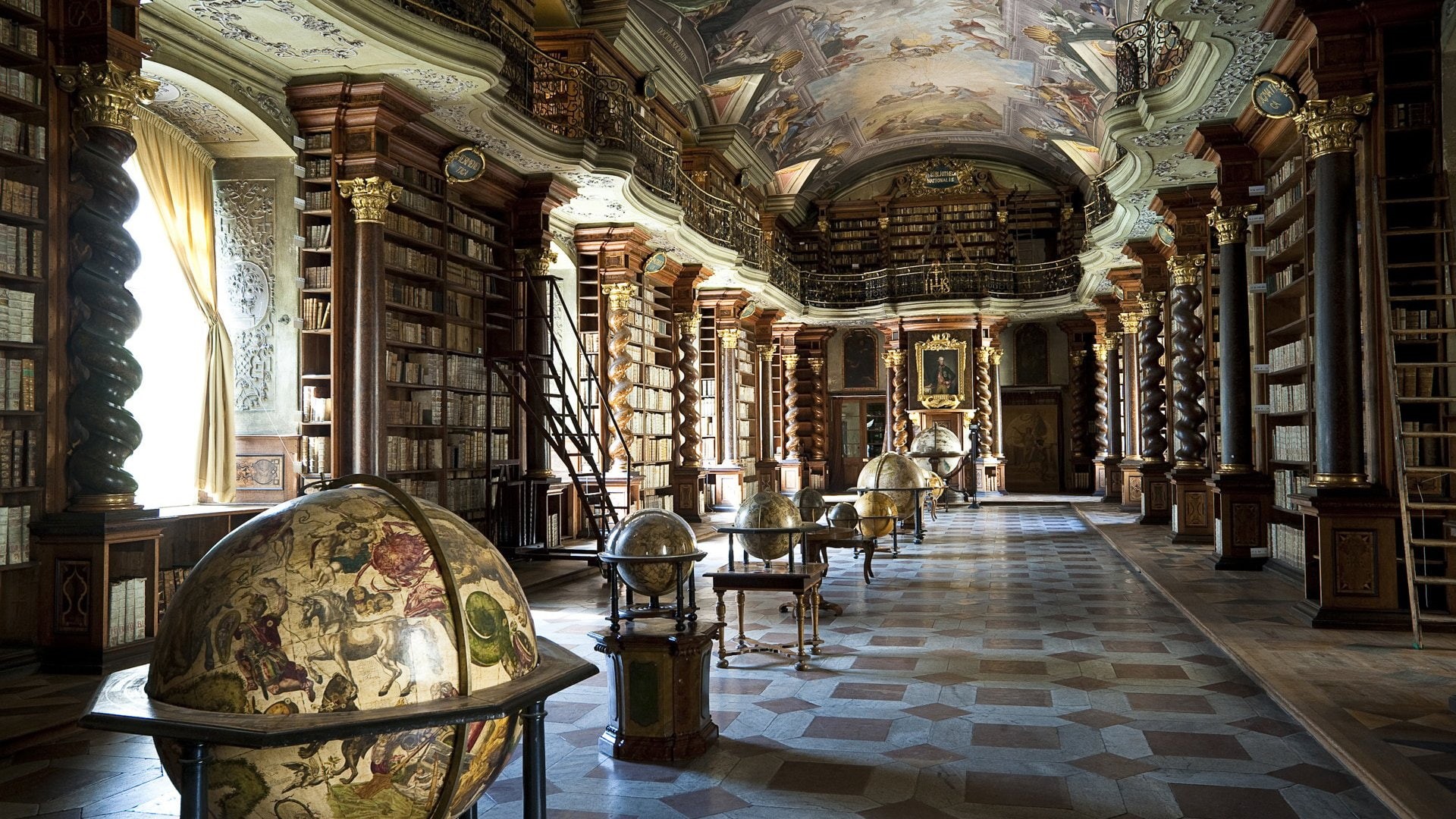 1080P, x, globes, 1920x1080 px, window, library, art, dress, hd, books, interior, px, Prague, HD Wallpaper