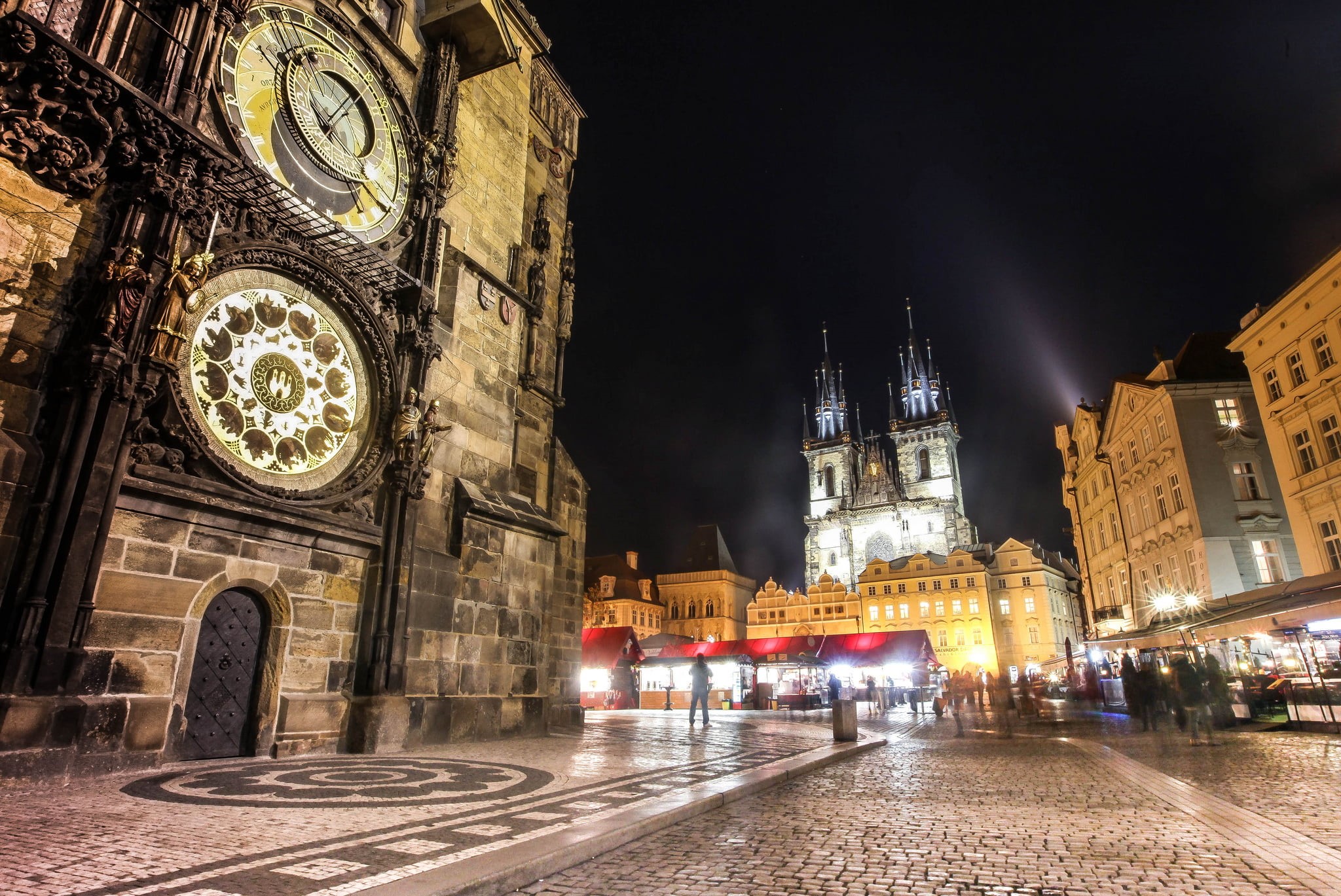 town, concrete, outdoors, place of worship, illuminated, tourist, city Life, night, travel, cityscape, tower, architecture, building Exterior, Czech Republic, HD Wallpaper