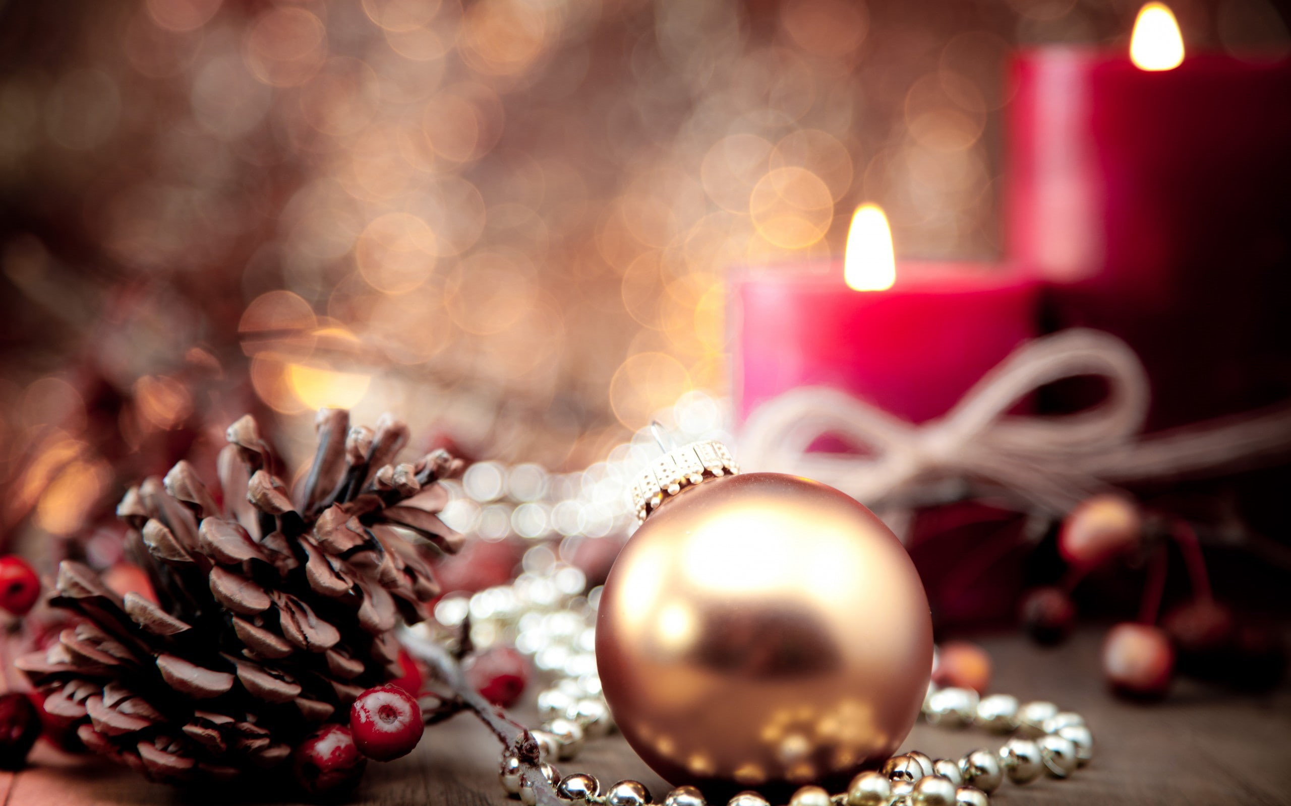 Christmas, christmas decoration, christmas ornament, Christmas ornaments, sphere, event, holiday - event, 2K, gold, illuminated, candle, shiny, cones, HD Wallpaper