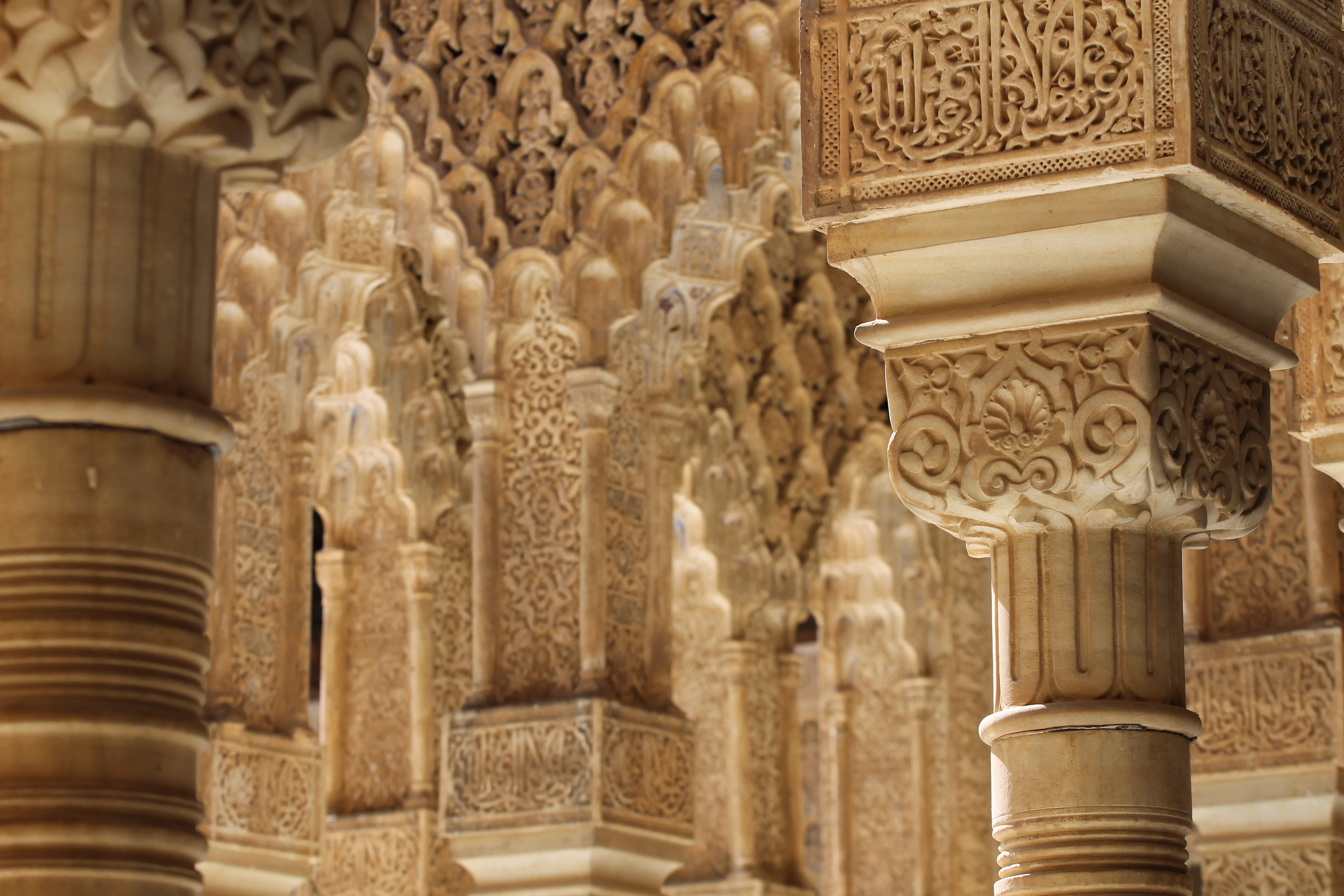 art and craft, craft, concrete, built structure, white, low angle view, carving, 4K, history, ancient, pillars, arabic, religion, architecture and art, HD Wallpaper