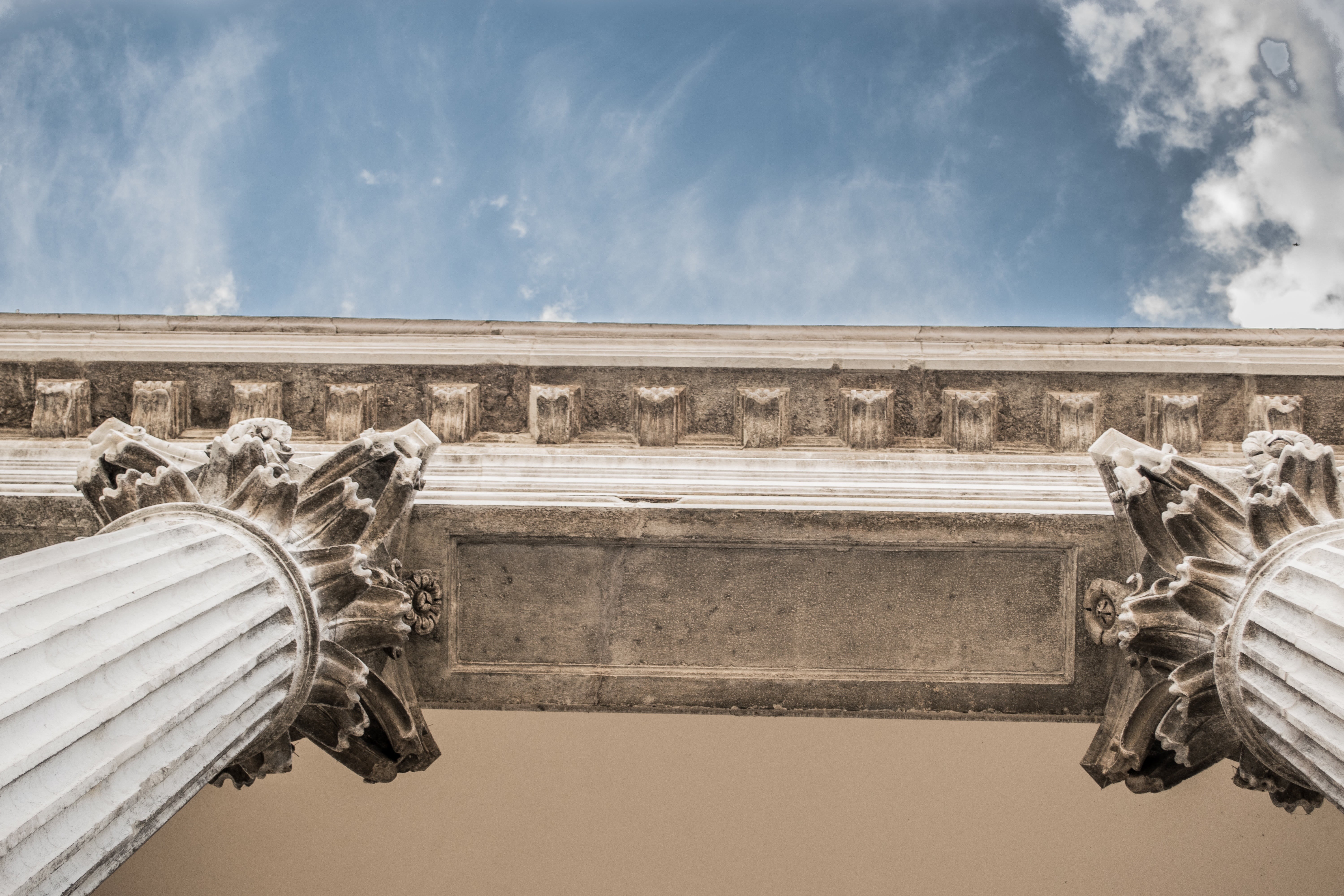 low angle view, building exterior, entrance, statue, the past, creativity, culture, stone, day, facade, 5K, no people, columns, white, support, strength, HD Wallpaper