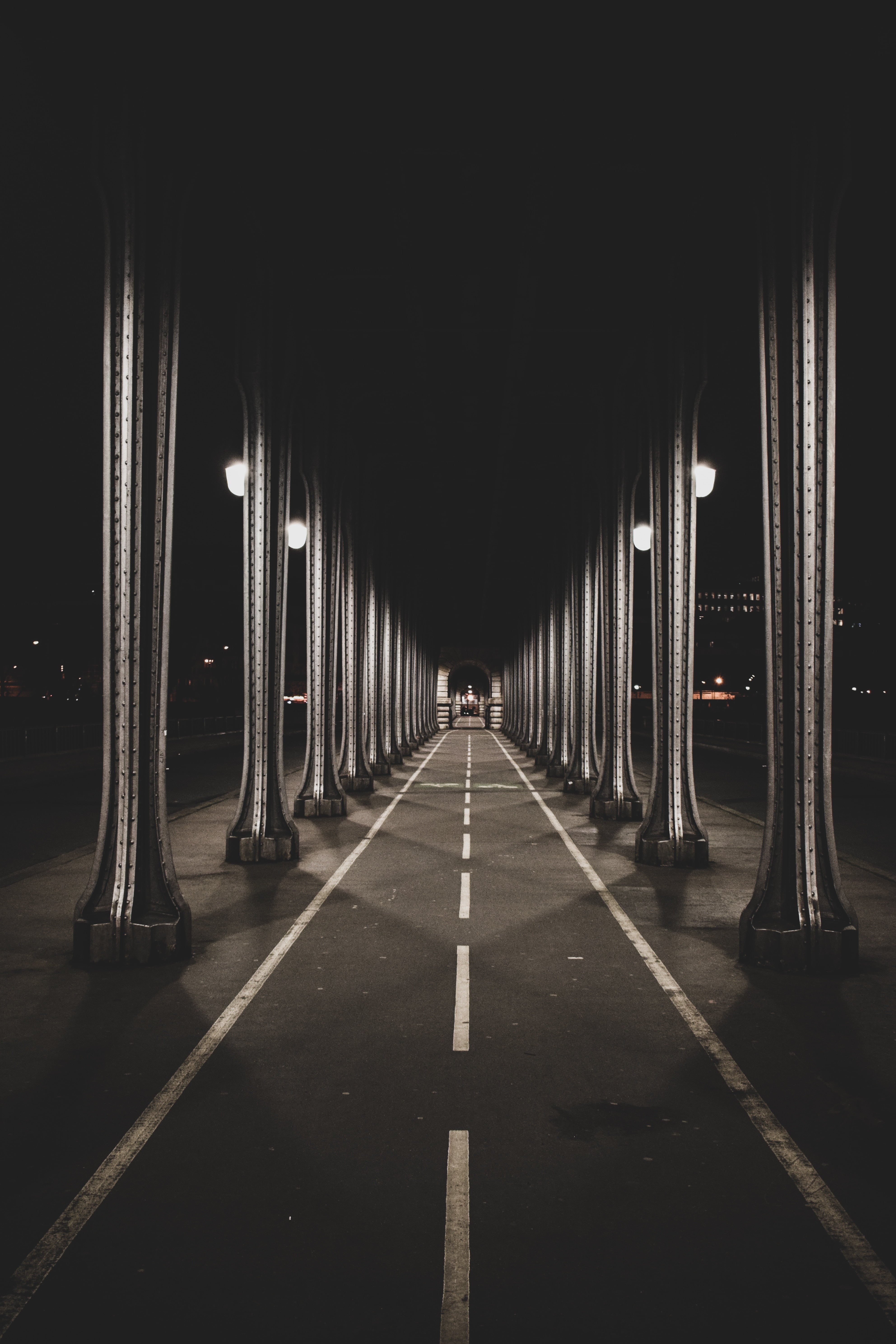 empty, urban Scene, 5K, bridge, transportation, concrete, vanishing Point, road, no People, black, columns, parking garage, built structure, pillars, indoors, Phone HD Wallpaper