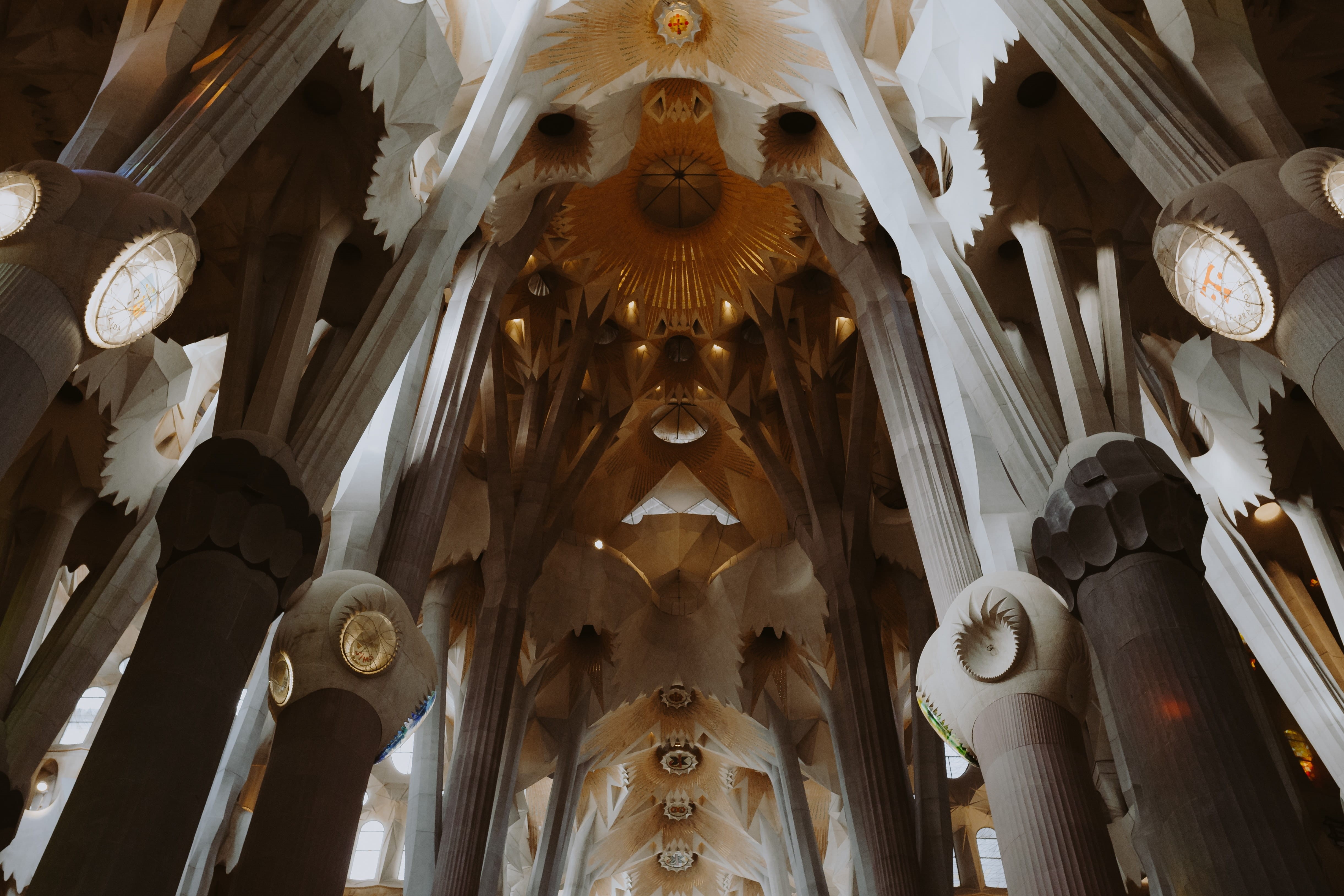 catalonia, ornate, art and craft, architectural column, barcelona, indoors, building, sagrada, travel destinations, architectural feature, city, history, HD Wallpaper