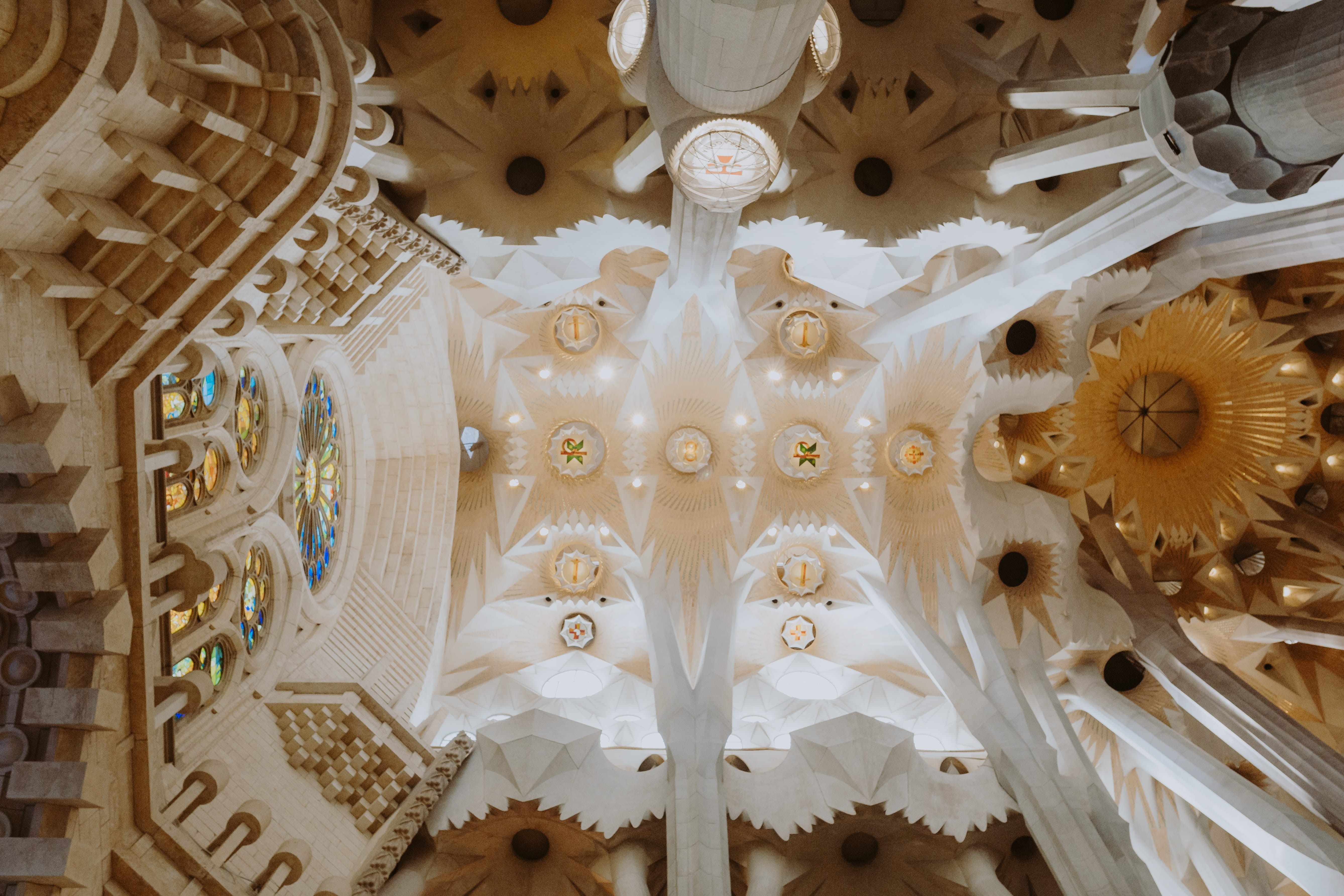cupola, city, architecture and art, directly below, catalonia, pattern, design, designed, architectural column, belief, Europe, art and craft, Gaudi, building, HD Wallpaper