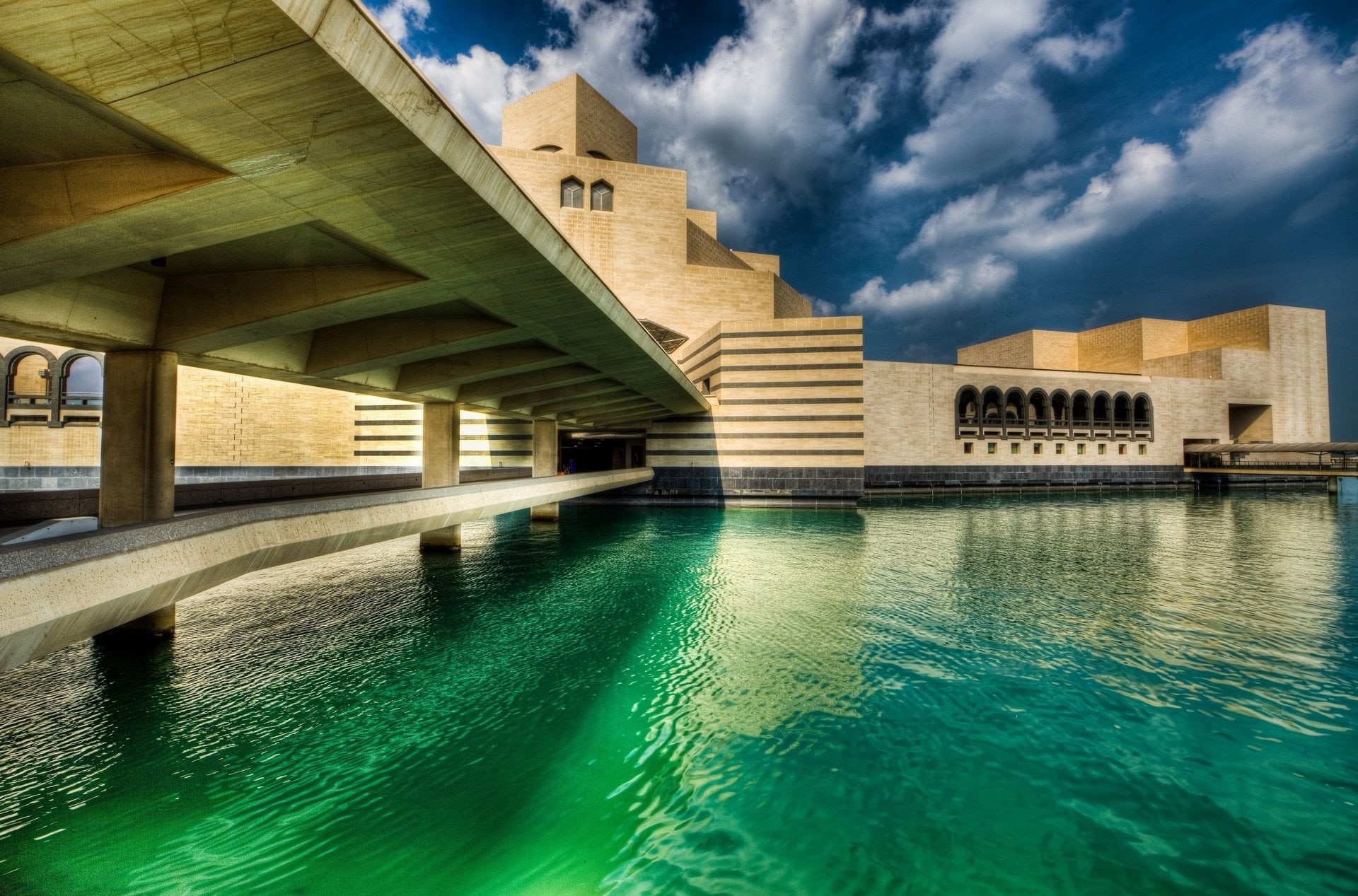 history, the past, turquoise colored, Cities, travel destinations, Doha, architectural column, reflection, bridge - man made structure, 1080P, swimming pool, HD Wallpaper