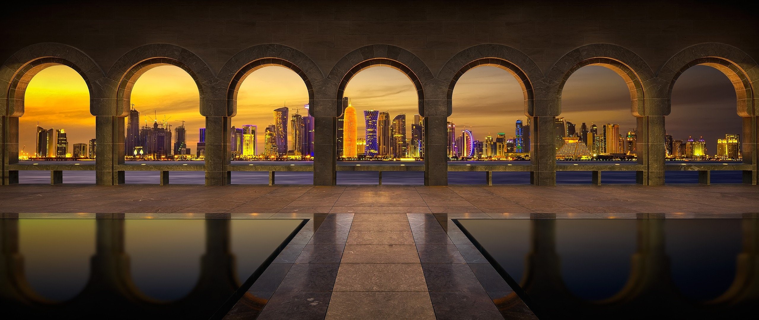 government, arch, illuminated, nature, qatar museum of islamic art doha doha city stone arch, water, architectural column, building exterior, architecture, HD Wallpaper