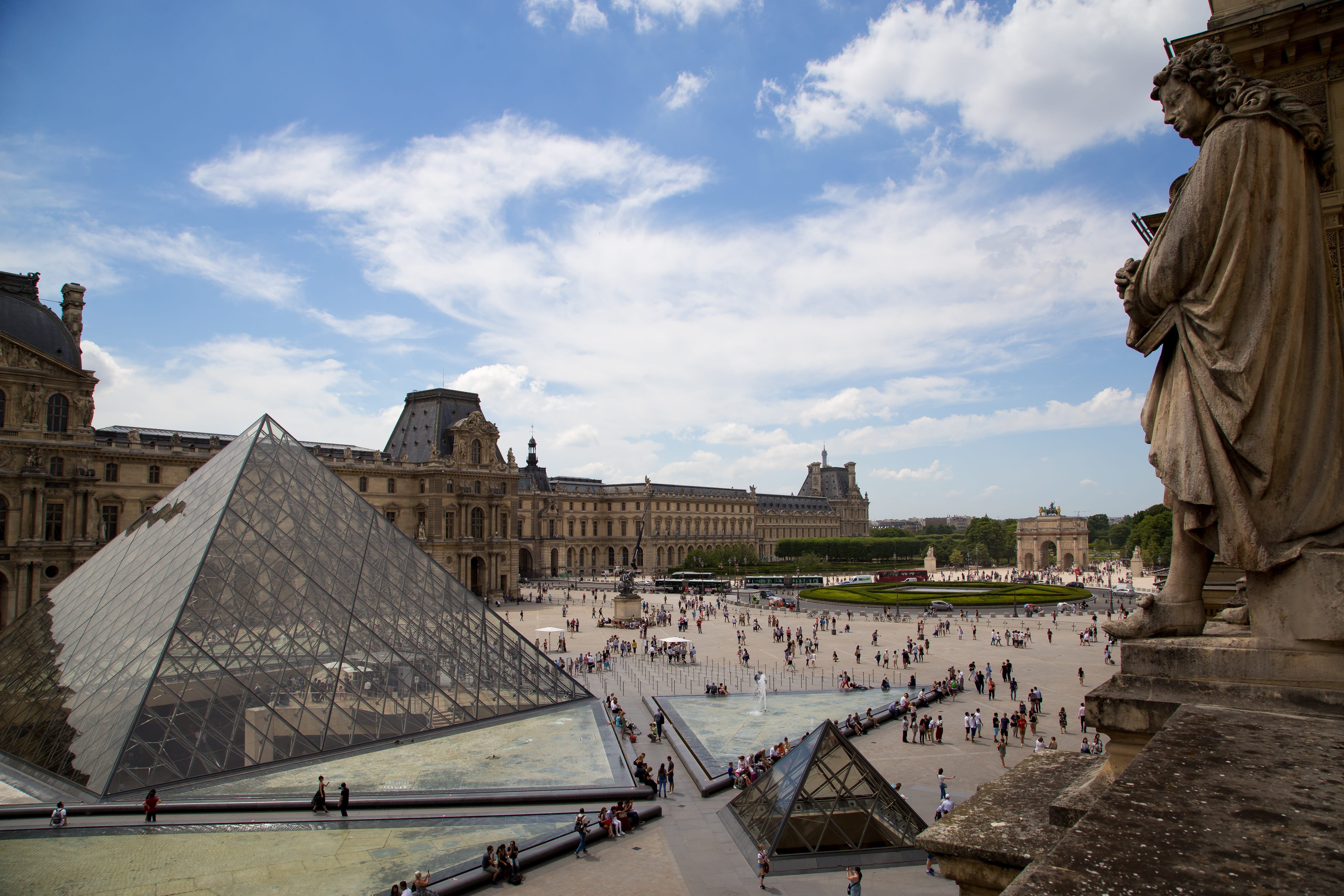 museum, sculpture, built structure, building exterior, 5K, pyramid, spirituality, architecture, sky, louvre, incidental people, nature, religion, travel destinations, HD Wallpaper