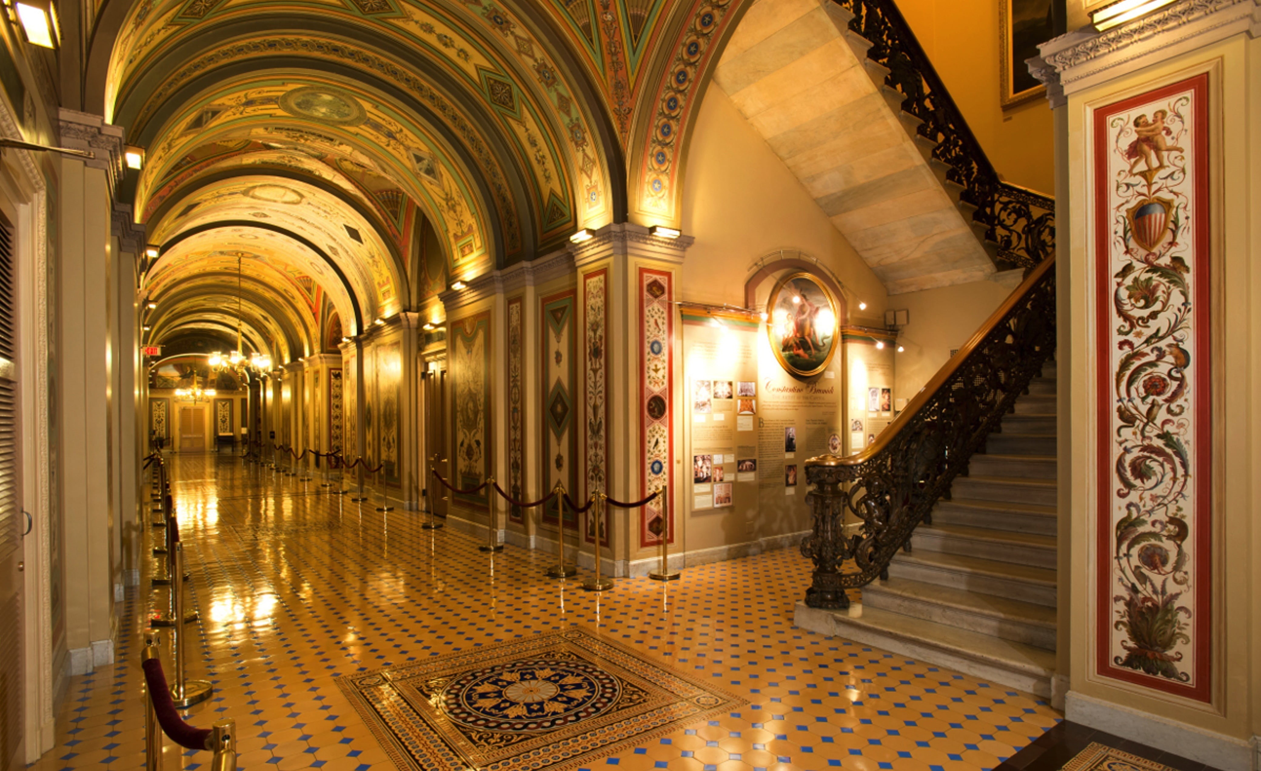 architectural column, lighting equipment, design, art and craft, capitol buildings, hallway, staircase, columns, decor, no people, arches, religion, brown, HD Wallpaper
