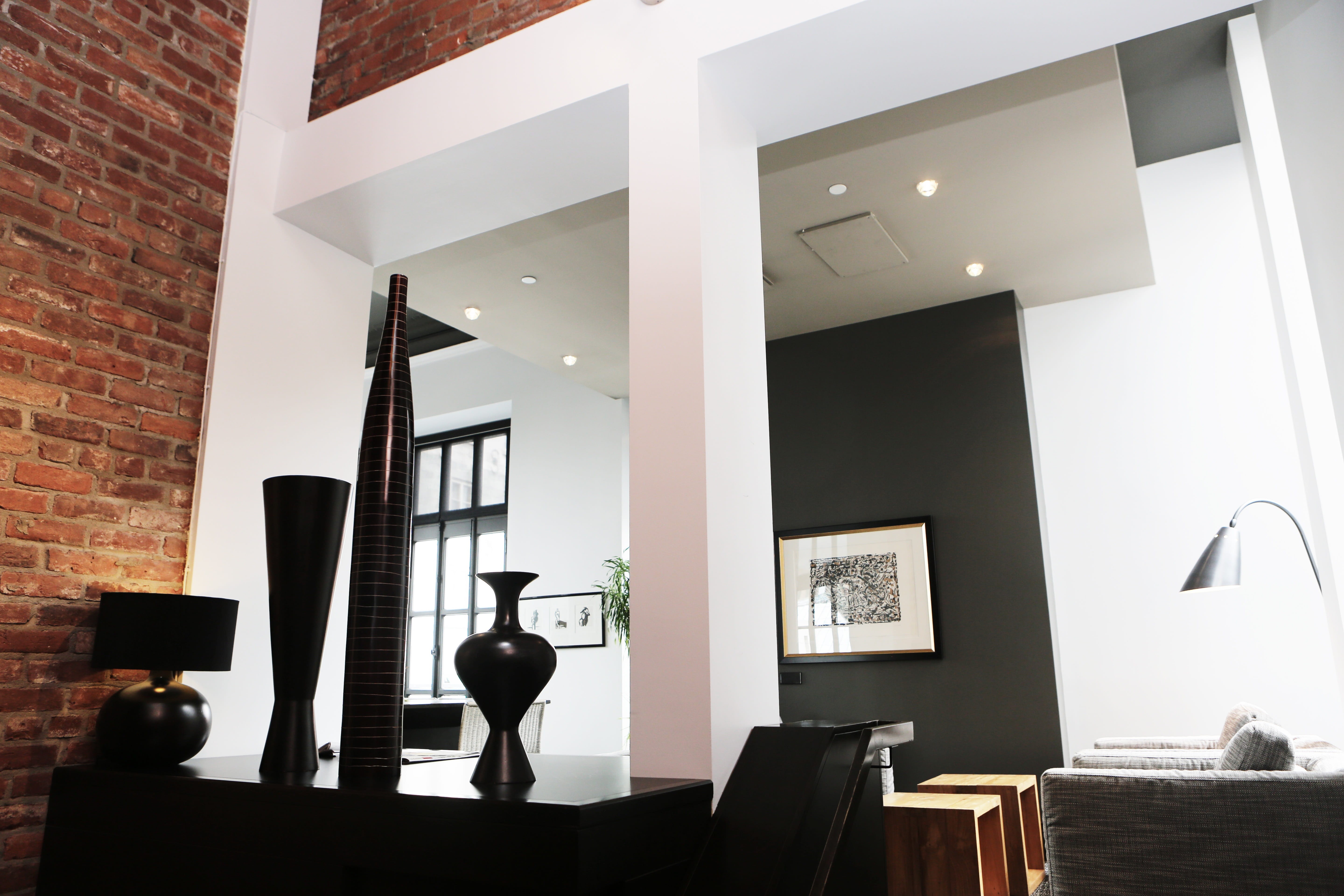 bright, brick wall, brick, beside, lamps, wooden, pictures, interior design, lighting equipment, window, three, day, 5K, room, table, apartment, windows, HD Wallpaper