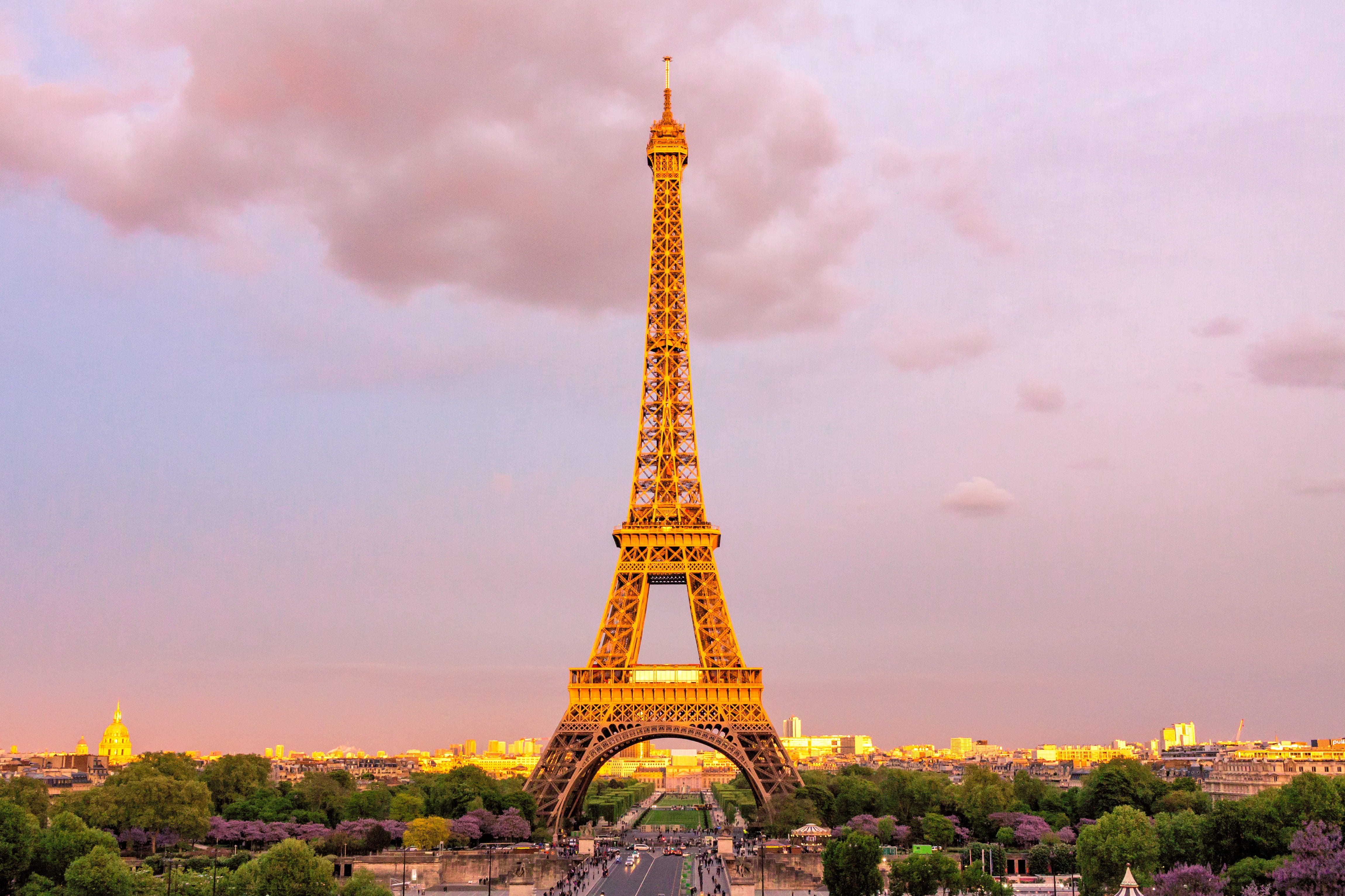 history, trees, historic, sunset, paris, sky, cityscape, tranquil, tall - high, cloud - sky, outdoors, eiffel tower, landmark, scenery, skyscrapers, metal, HD Wallpaper