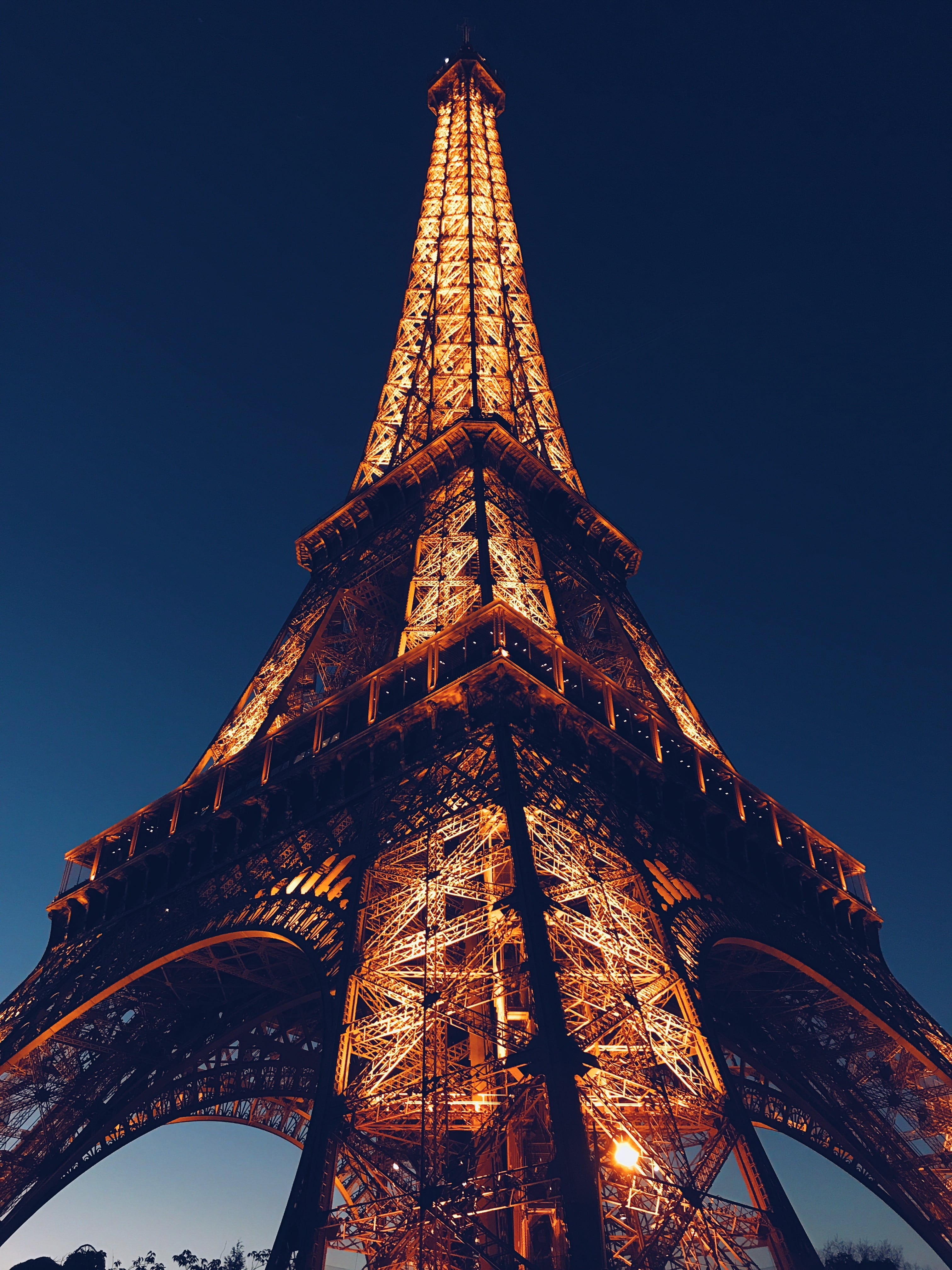 blue, low angle photography, metal, steel, travel destinations, illuminated, architecture, sky, eiffel tower, lights, art, building exterior, europe, tall - high, Phone HD Wallpaper
