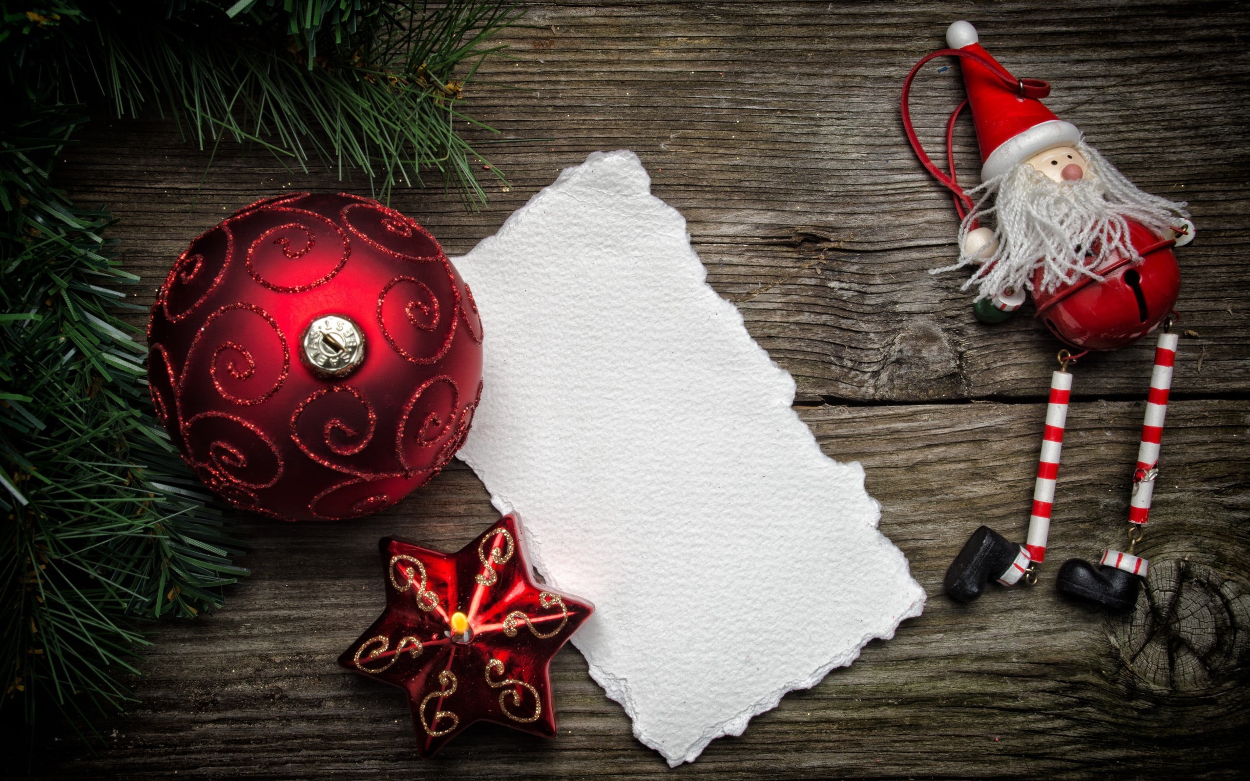 high angle view, red, doll, paper, snow, tree, wooden surface, 2K, Christmas, ornament, holiday, ribbon, wood - material, leaves, holiday - event, claus, HD Wallpaper
