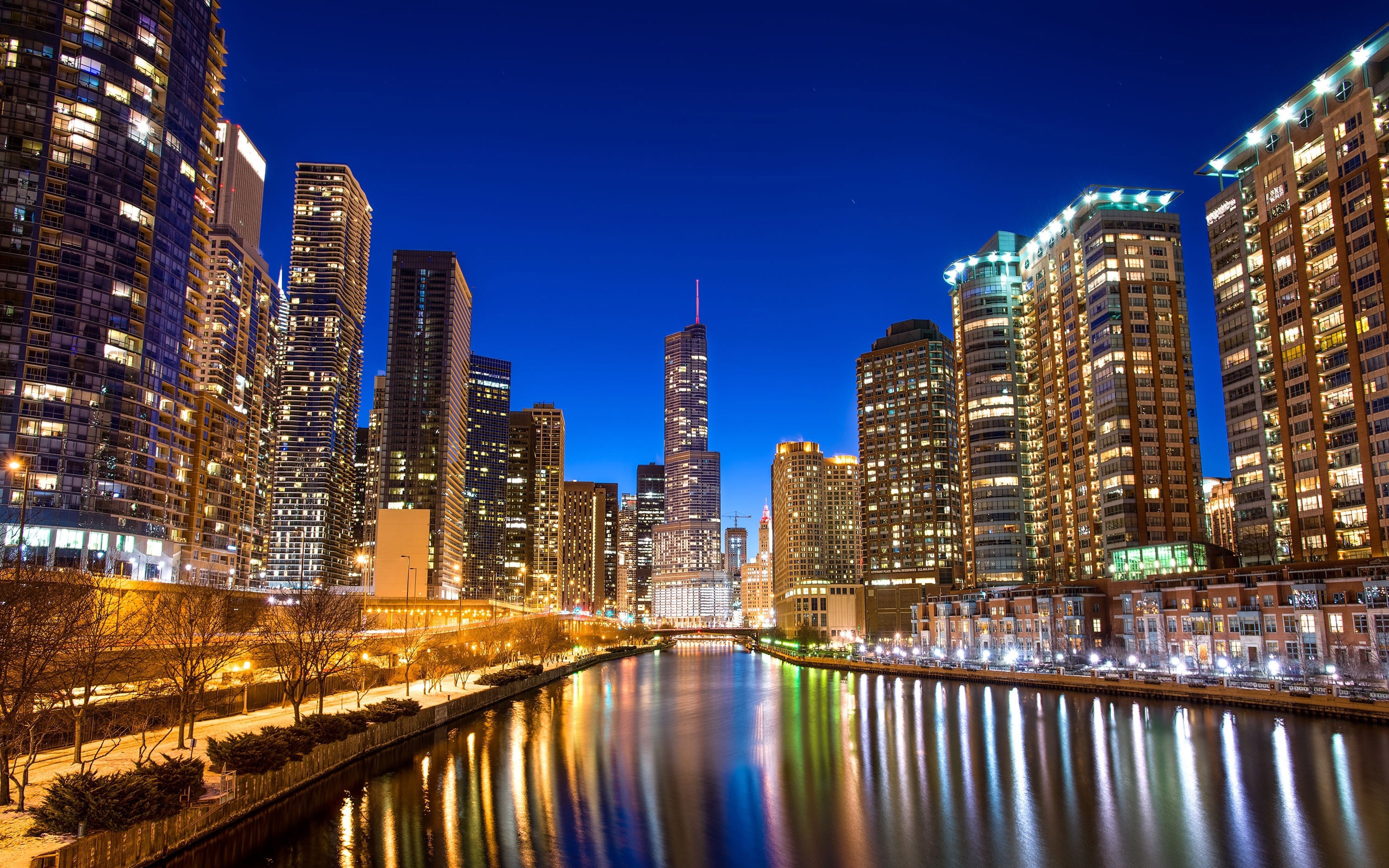 states, 4K, nigh, united, chicago, hd, phones, desktop, pc, mobile, river, america, tablet, reflection, HD Wallpaper