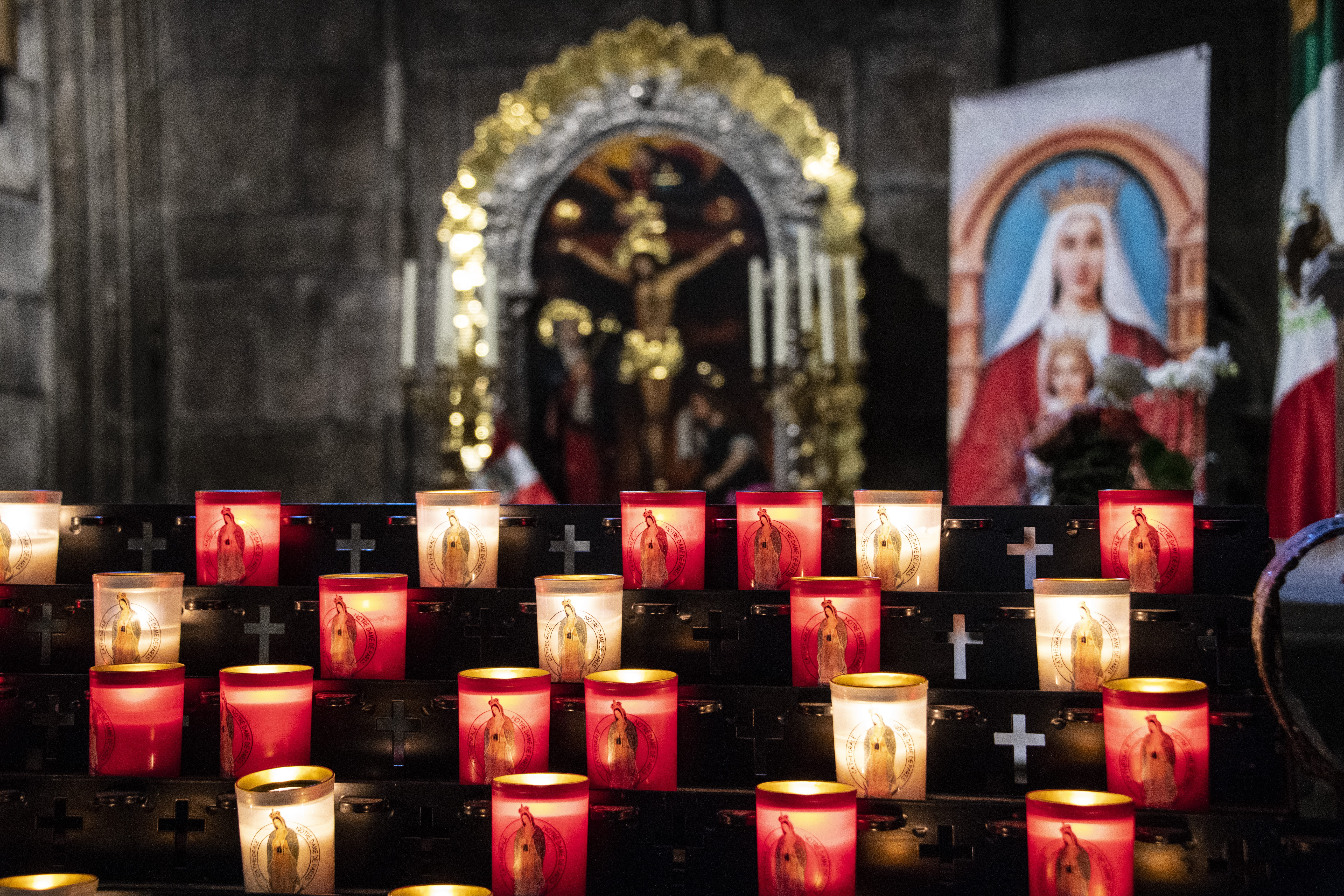 god, focus on foreground, christianity, lights, worship, building, red, indoors, white, faith, cross, pray, candles, candle, praying, human representation, HD Wallpaper