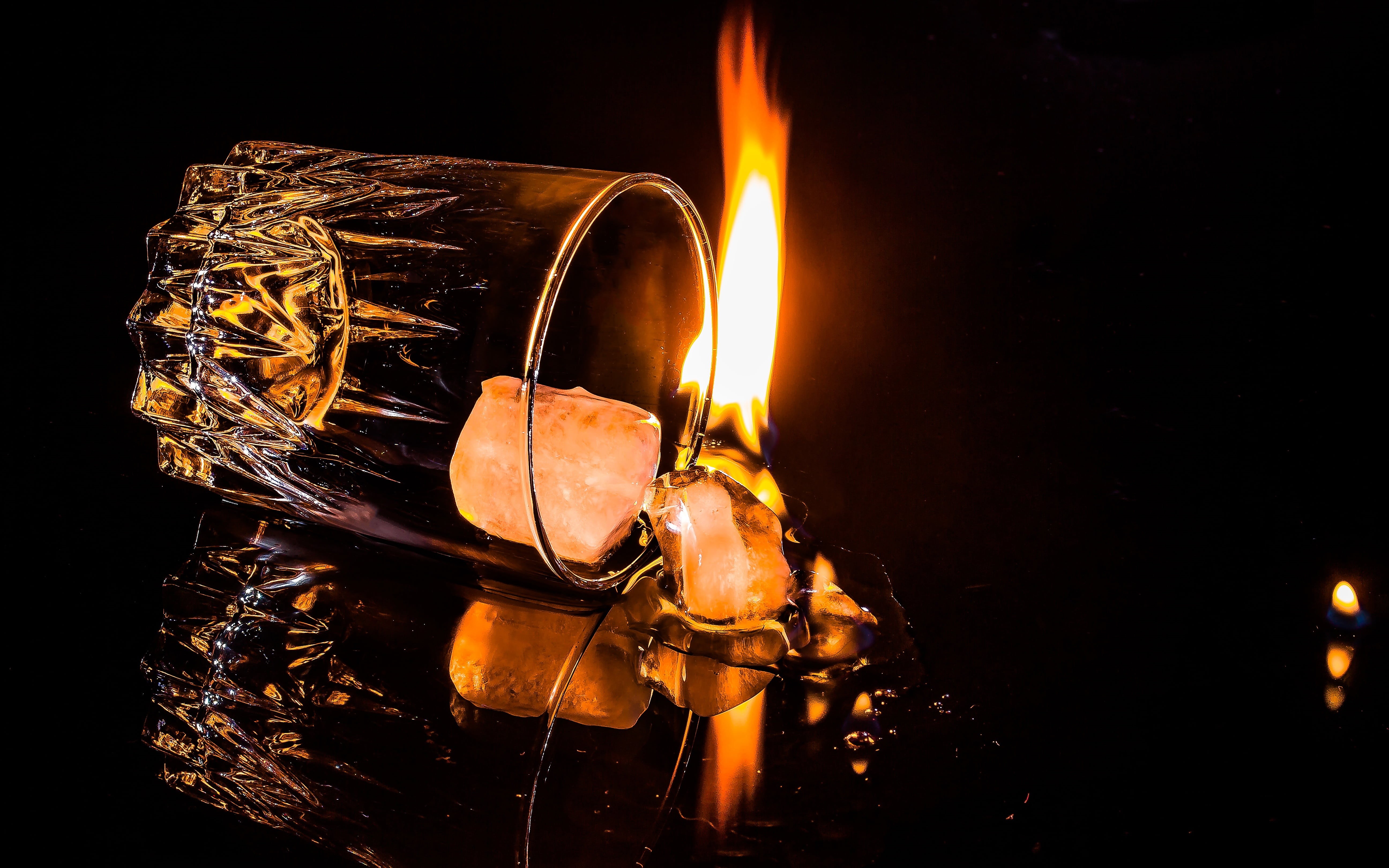 orange color, fire - natural phenomenon, illuminated, studio shot, 5K, still life, electric lamp, spilled alcohol, clear, heat - temperature, ice cubes, HD Wallpaper