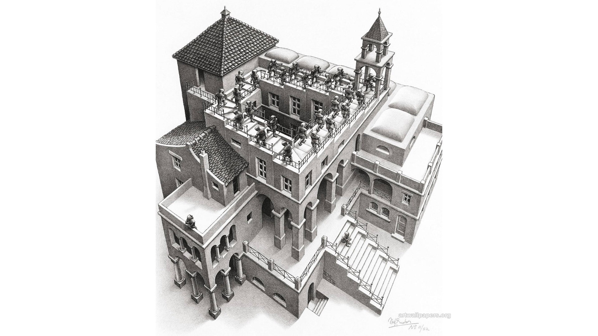 psychedelic, stairs, M. C. Escher, Optical Illusion, artwork, monochrome, 1080P, building, Arch, Rooftops, tower, Lithograph, Pillar, house, HD Wallpaper