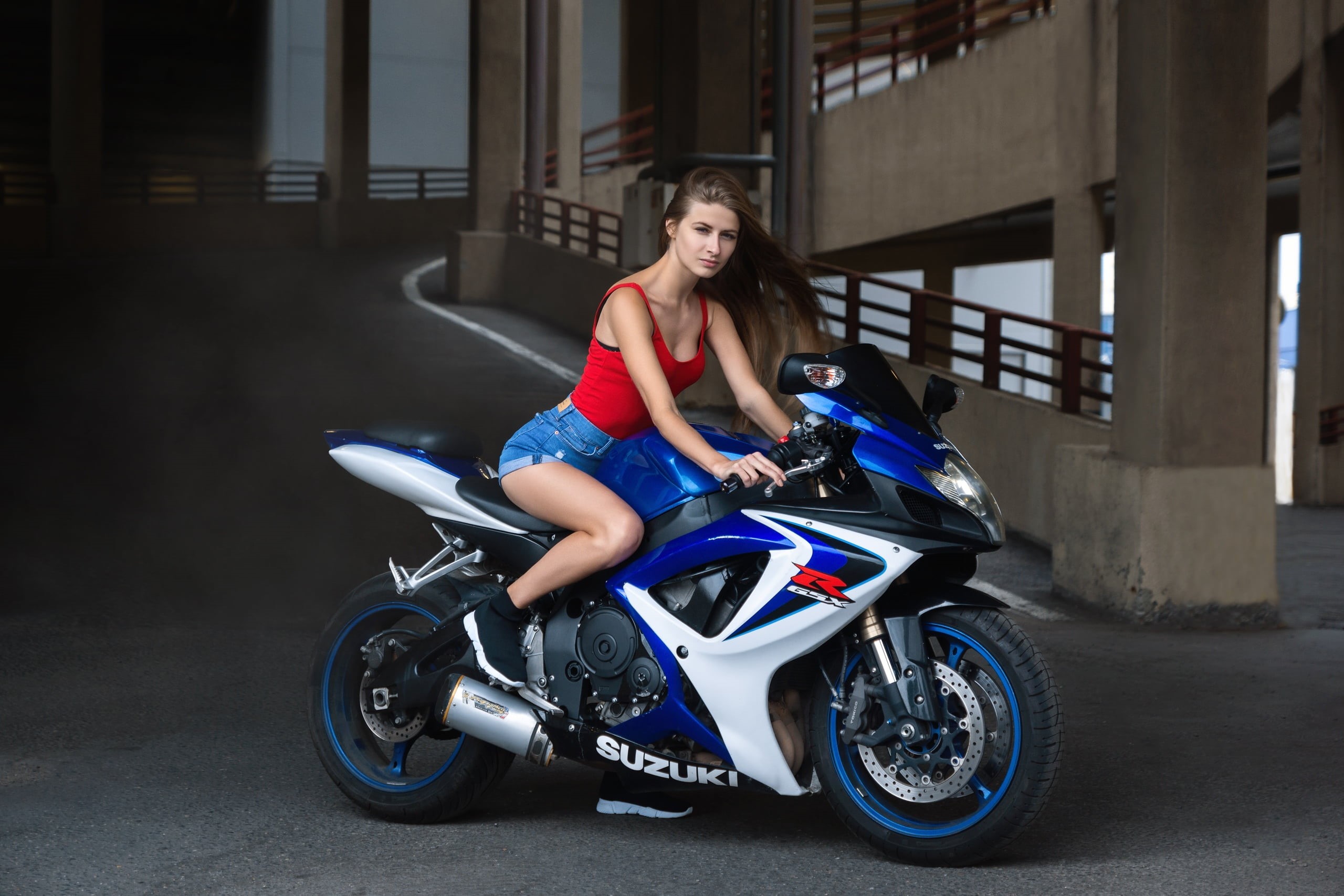 riding, lifestyles, leisure activity, portrait, red tops, motorcycle, looking at viewer, Sergey Kant, sneakers, model, high waisted short, mode of transportation, HD Wallpaper