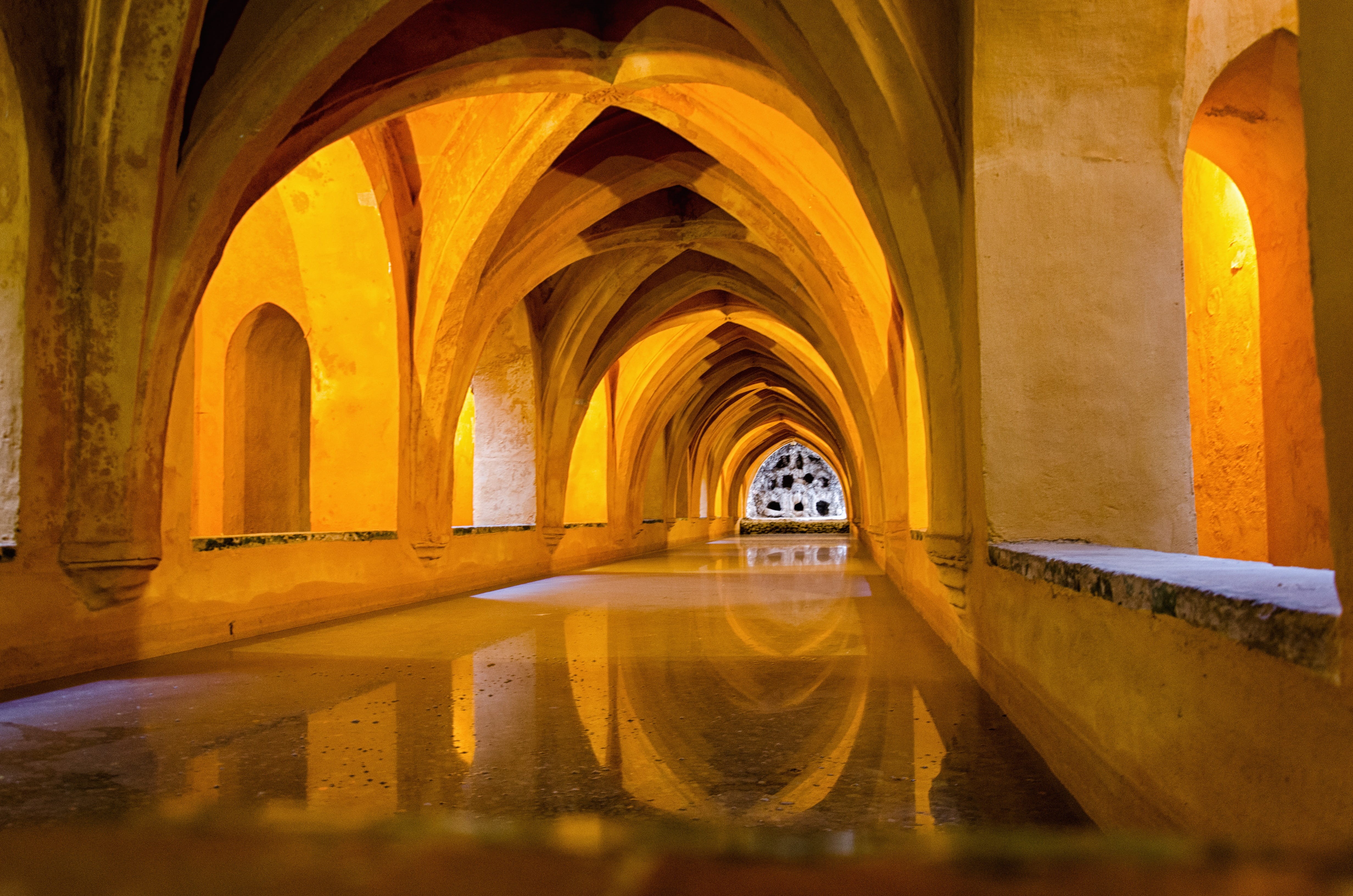 hallway, travel destinations, banister, handrail, night, historic, sevilla, staircase, light, reflection, interior design, history, water, arch, the past, HD Wallpaper