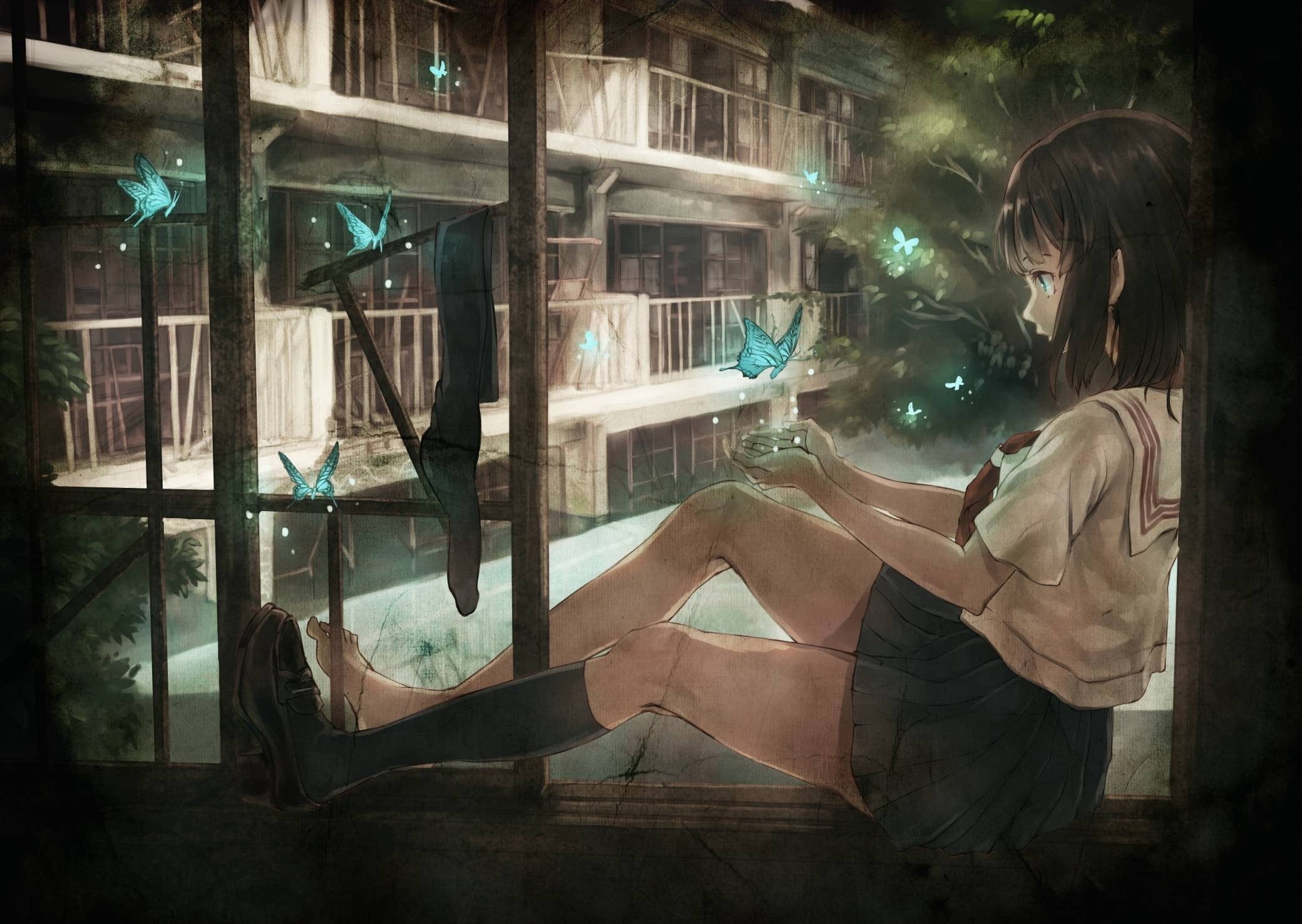 sitting, reflection, illuminated, glass - material, building exterior, window, anime, built structure, original characters, night, contemplation, digital composite, HD Wallpaper