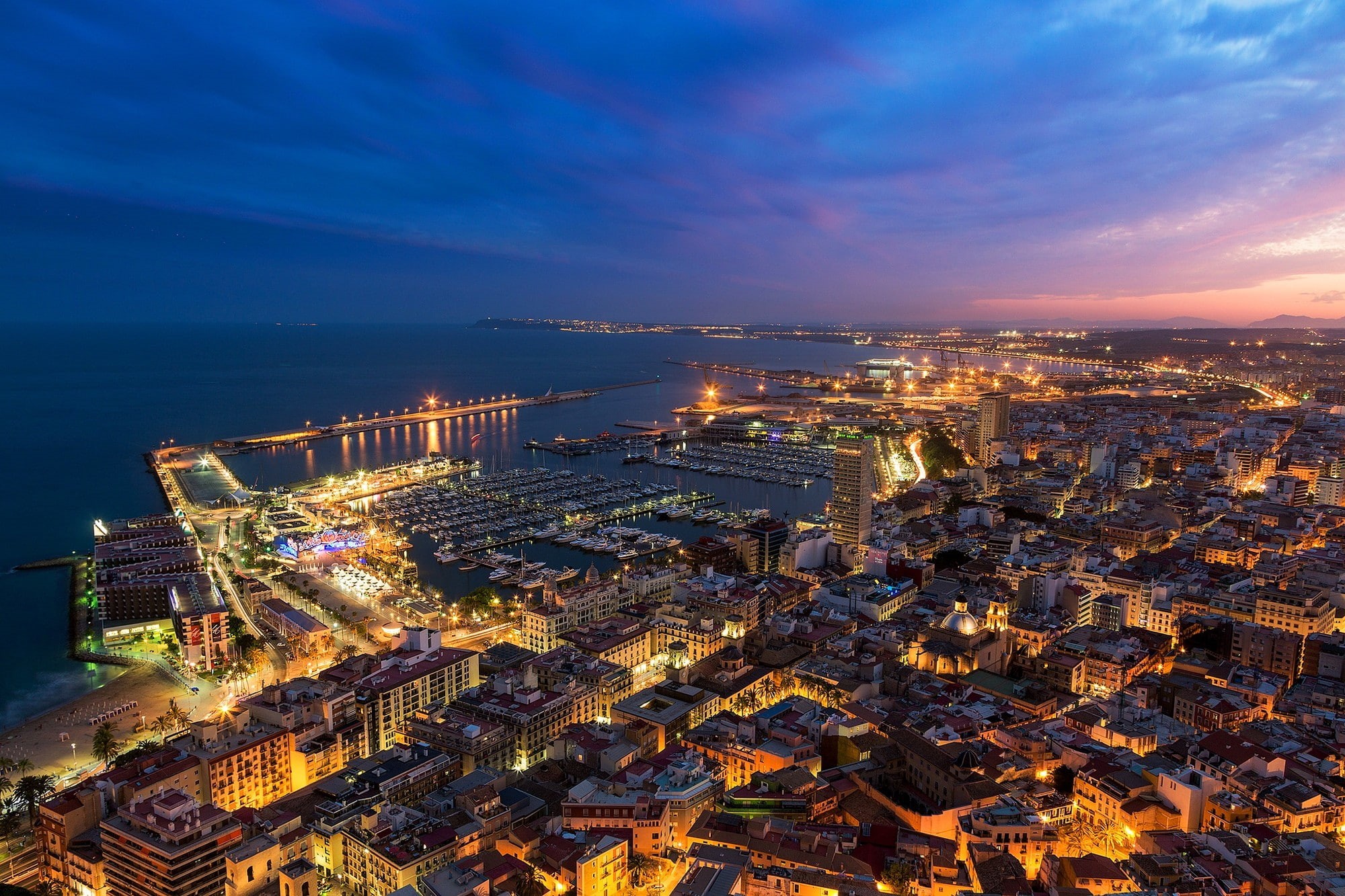 Spain, city, Sunset, building, Valencia, home, photography, skyline, view, evening, black, aerial, 1080P, brown, lights, dusk, HD Wallpaper