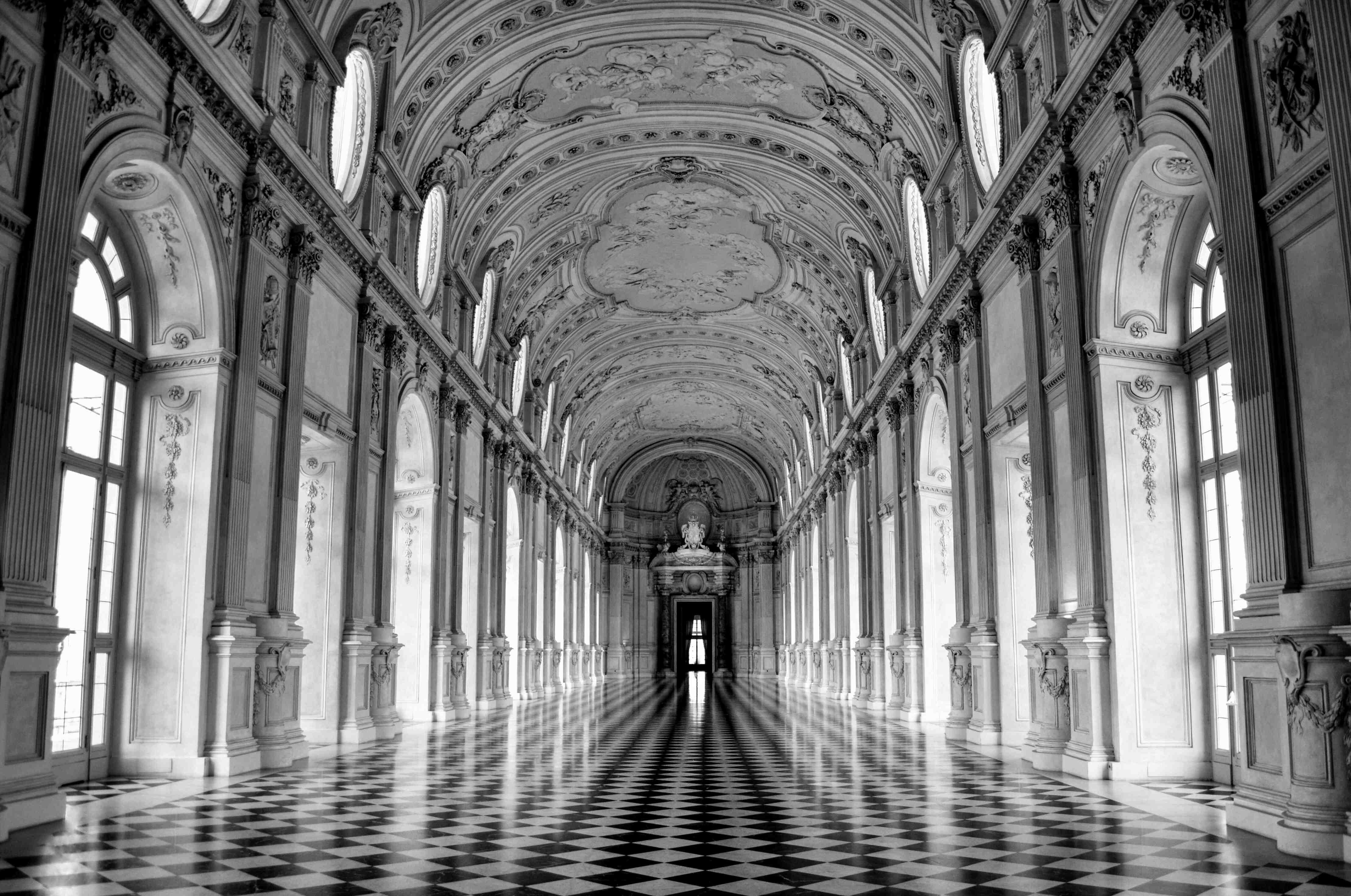 venaria, plins, photo, real people, savoy residence, history, arch, walking, direction, venaria reale, built structure, windows, hardwood floors, black and white, HD Wallpaper