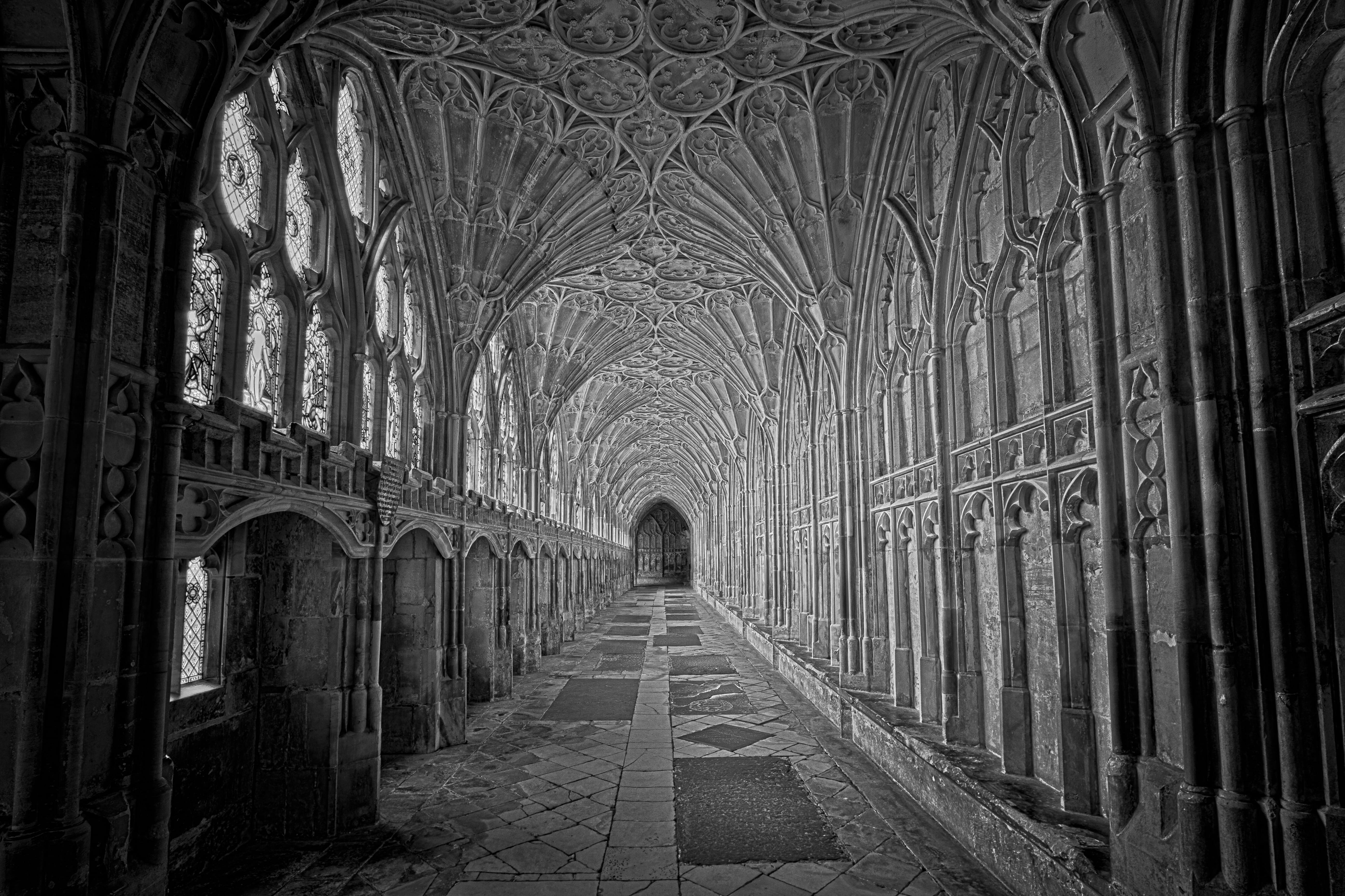 architecture, photography, built structure, direction, aisle, gothic, building, united kingdom, hallway, religion, black and white, gloucester cathedral, HD Wallpaper