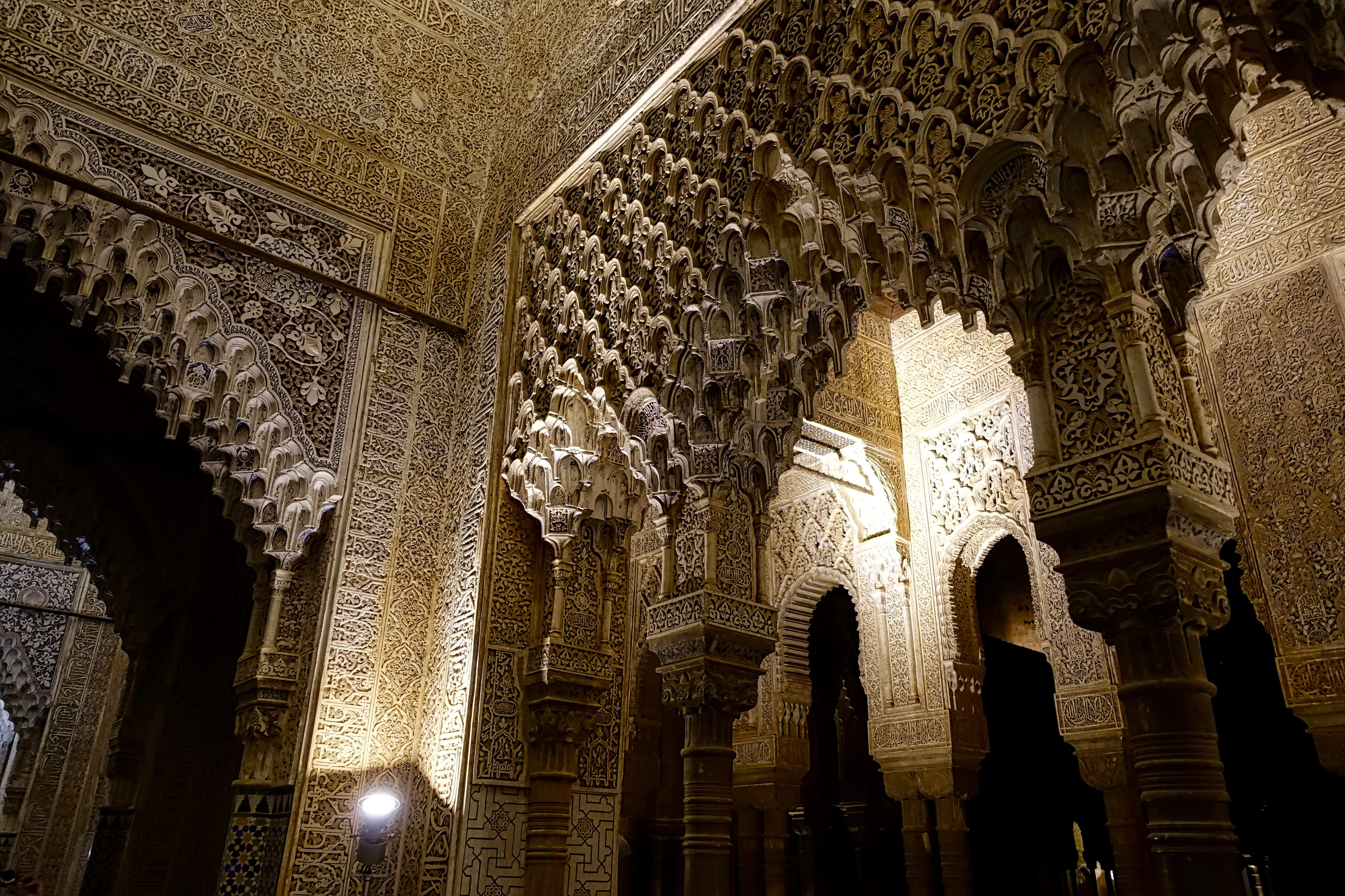 architecture and art, travel destinations, spirituality, place of worship, arch, Alhambra, tourism, architectural column, Palace, low angle view, no people, HD Wallpaper
