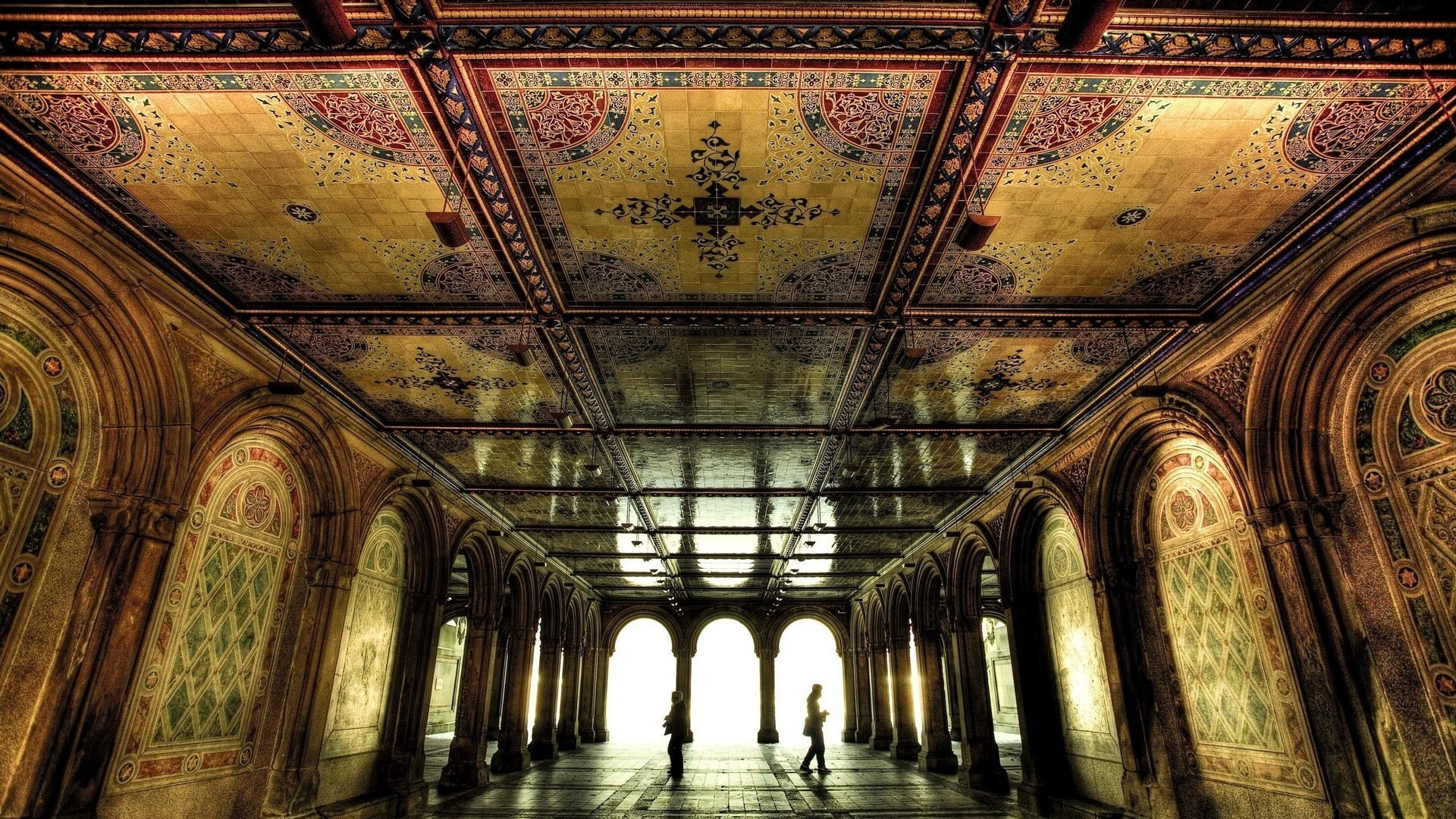 interior, hallway, tiles, sunlight, arch, men, column, architecture, old building, history, 1080P, mosaic, reflection, decorations, HD Wallpaper