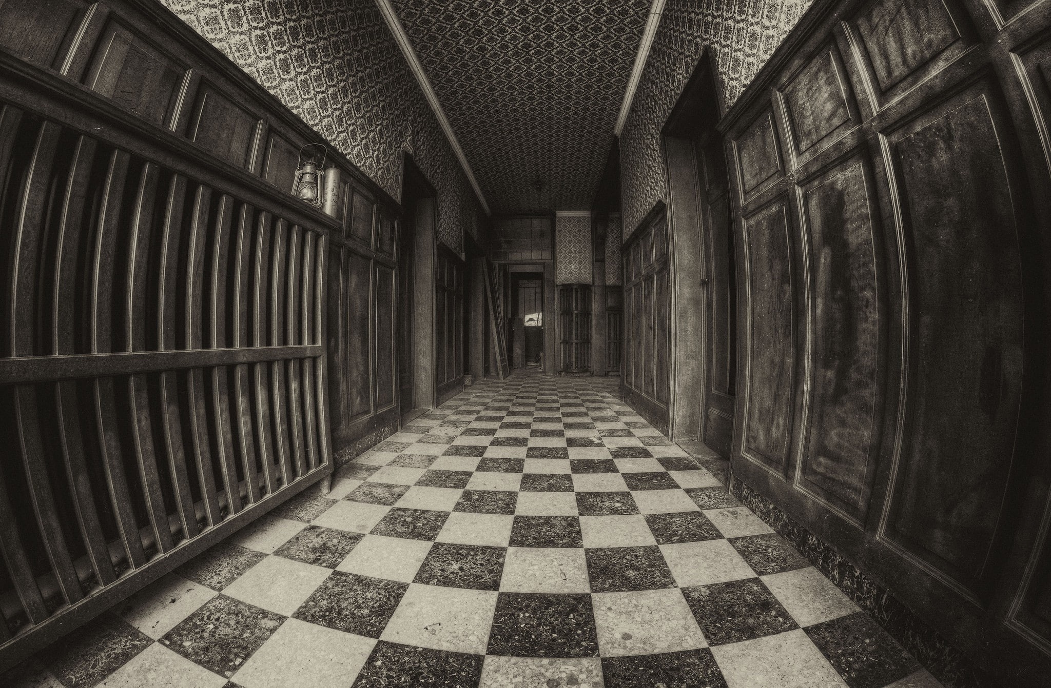 digital art, square, 1080P, checkered, hallway, monochrome, interior, sepia, door, fisheye lens, HD Wallpaper