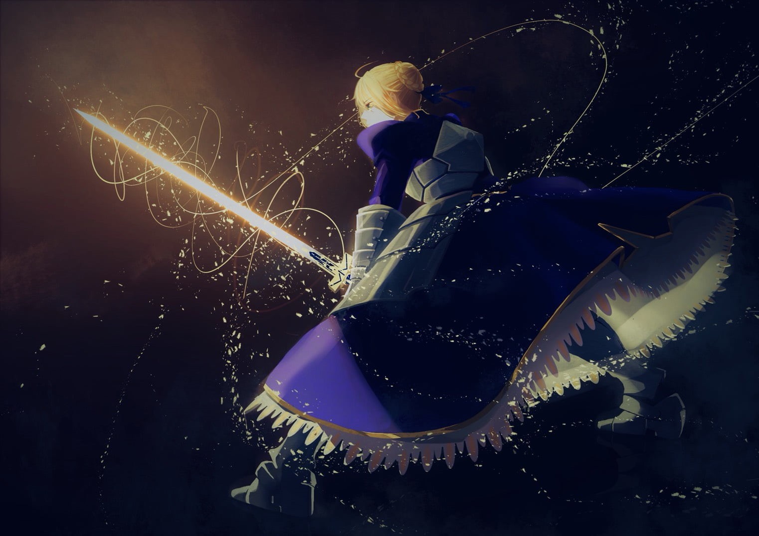 braided hair, blue dress, women with swords, anime girls, female warrior, green eyes, armor, long hair, 720P, Saber, blond hair, 2D, fan art, fantasy weapon, HD Wallpaper