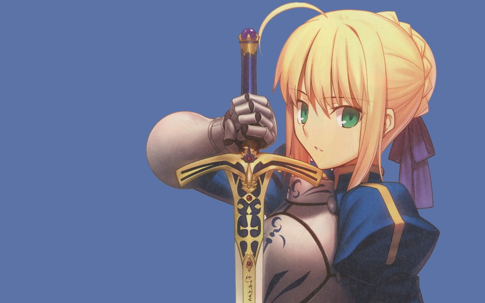 Fate Series, art and craft, Blonde, blue background, close-up, clear sky, 1080P, Excalibur, religion, blue, Fate/Stay Night, creativity, people, Saber (Fate Series), HD Wallpaper