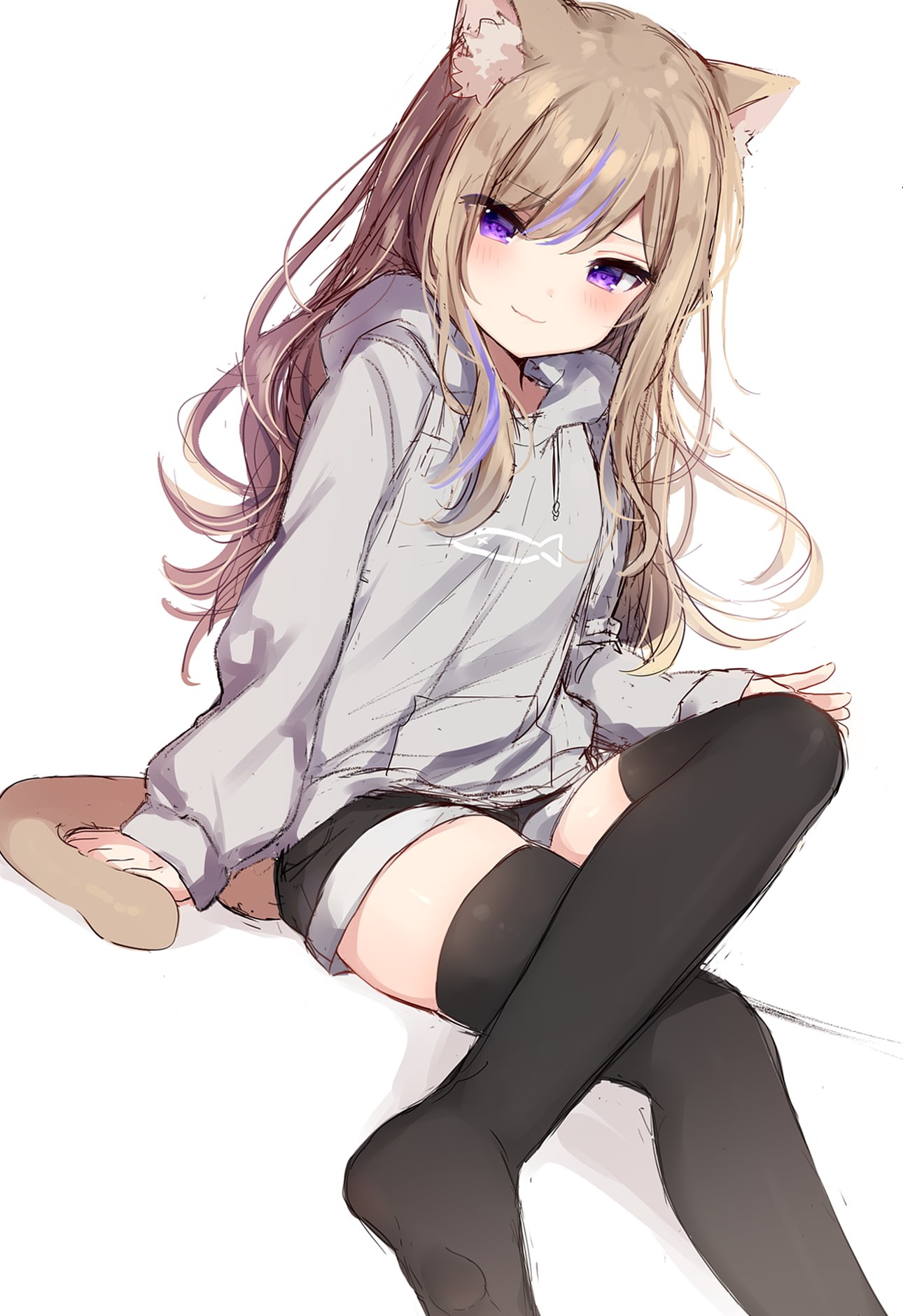 simple background, sitting, animal tail, hood, anime girls, 720P, blush, animal ears, shorts, arm support, anime, tail, cat tail, cat ears, cat girl, Phone HD Wallpaper