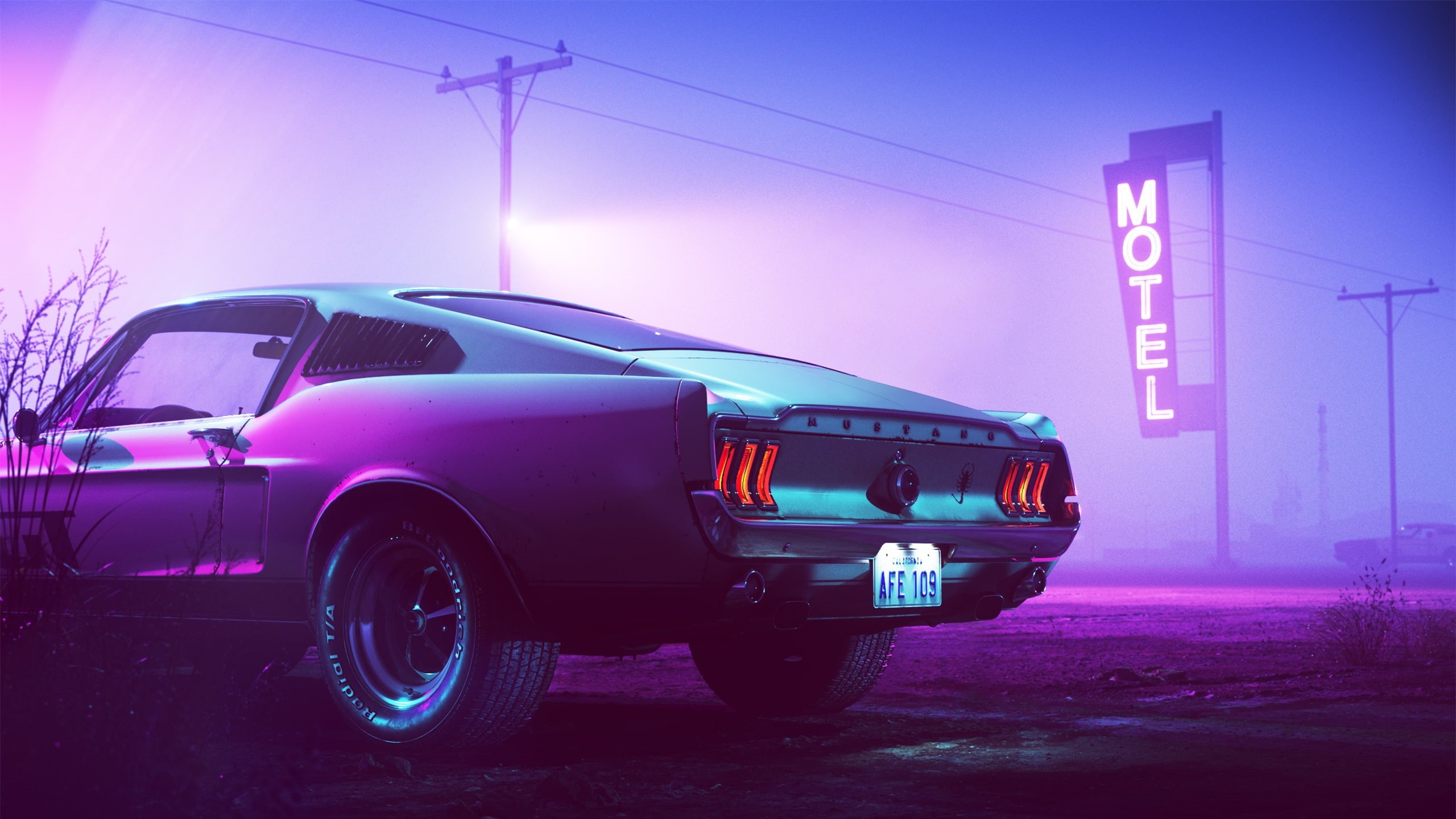Motel, Neon, Ford Mustang, 2K, 1969, HD Wallpaper