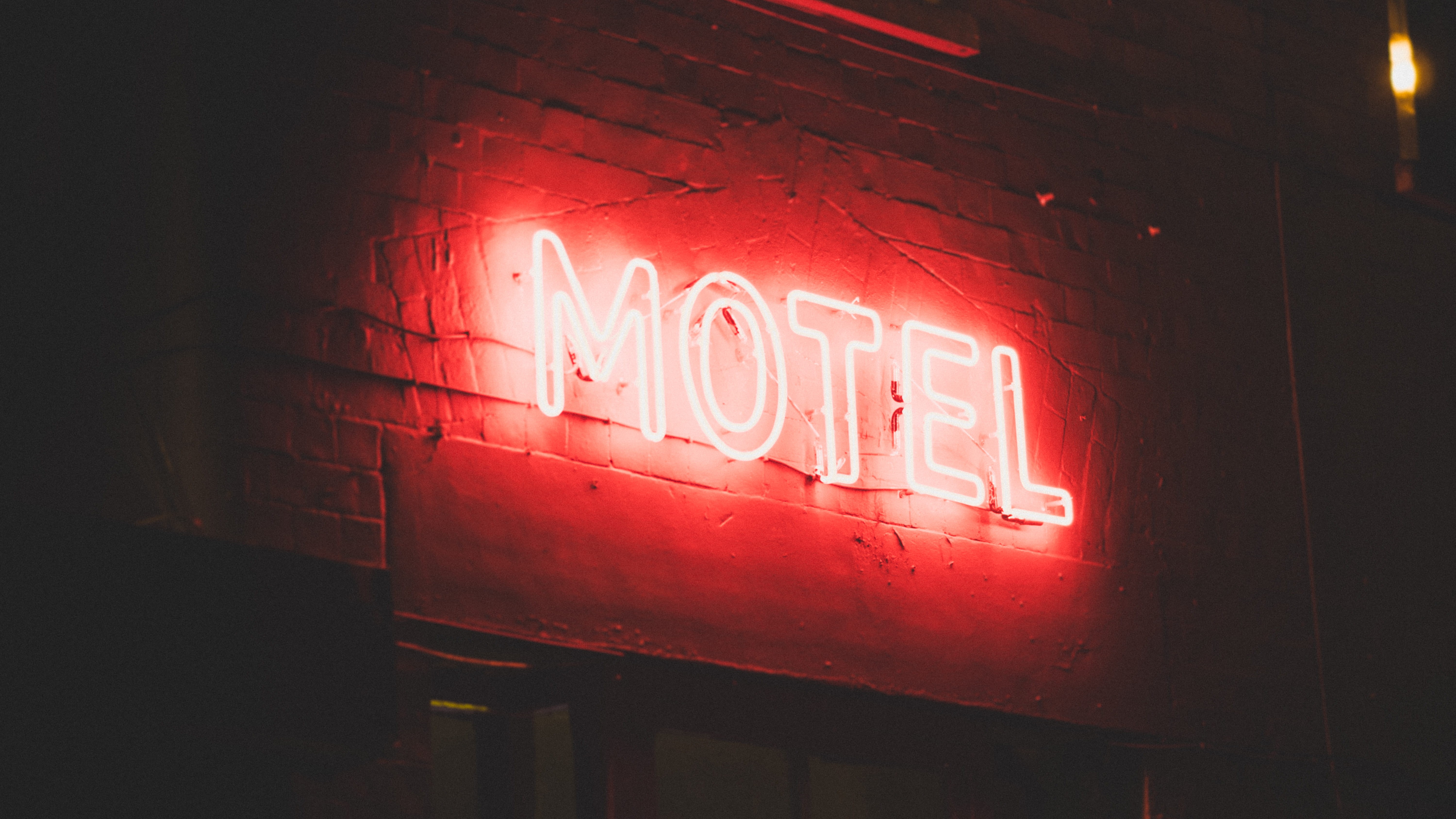 illuminated, red, indoors, capital letter, western script, built structure, text, motel, lighted, light, lights, lighting equipment, commercial sign, glowing, HD Wallpaper