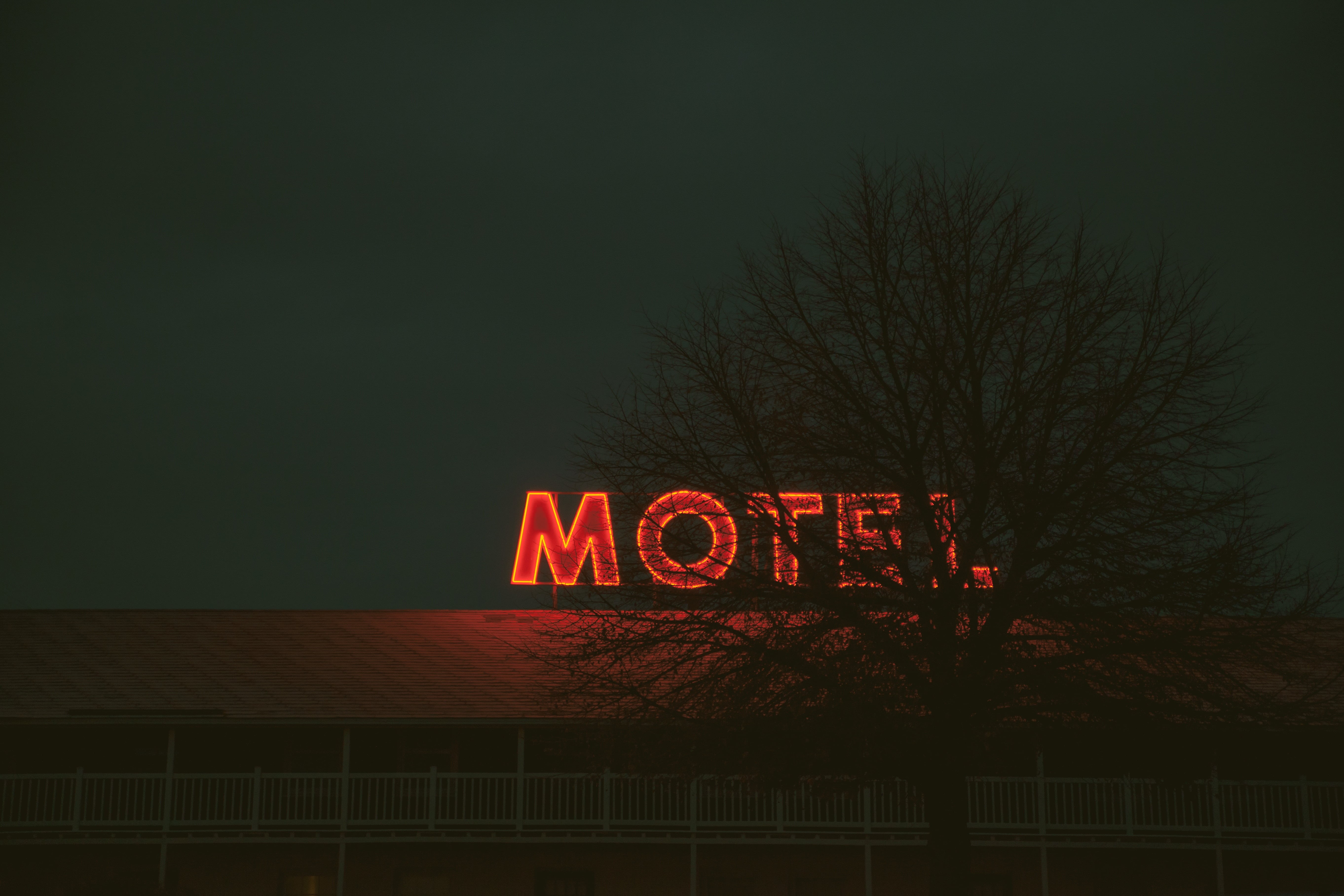 red, illumination, inscription, signboard, 5K, text, sign, western script, night, motel, backgrounds, wilted, outdoors, built structure, sky, communication, HD Wallpaper