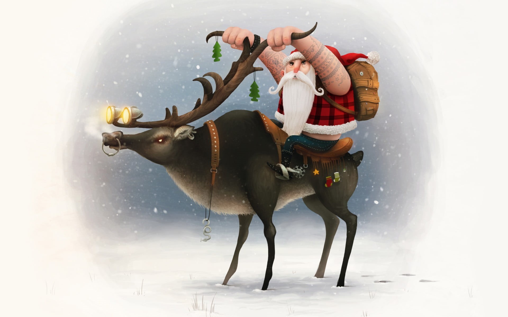 indoors, Santa Claus, domestic animals, deer, 1080P, pets, people, digital, animal wildlife, cowboy, two people, domestic, biker, mammal, one animal, livestock, HD Wallpaper